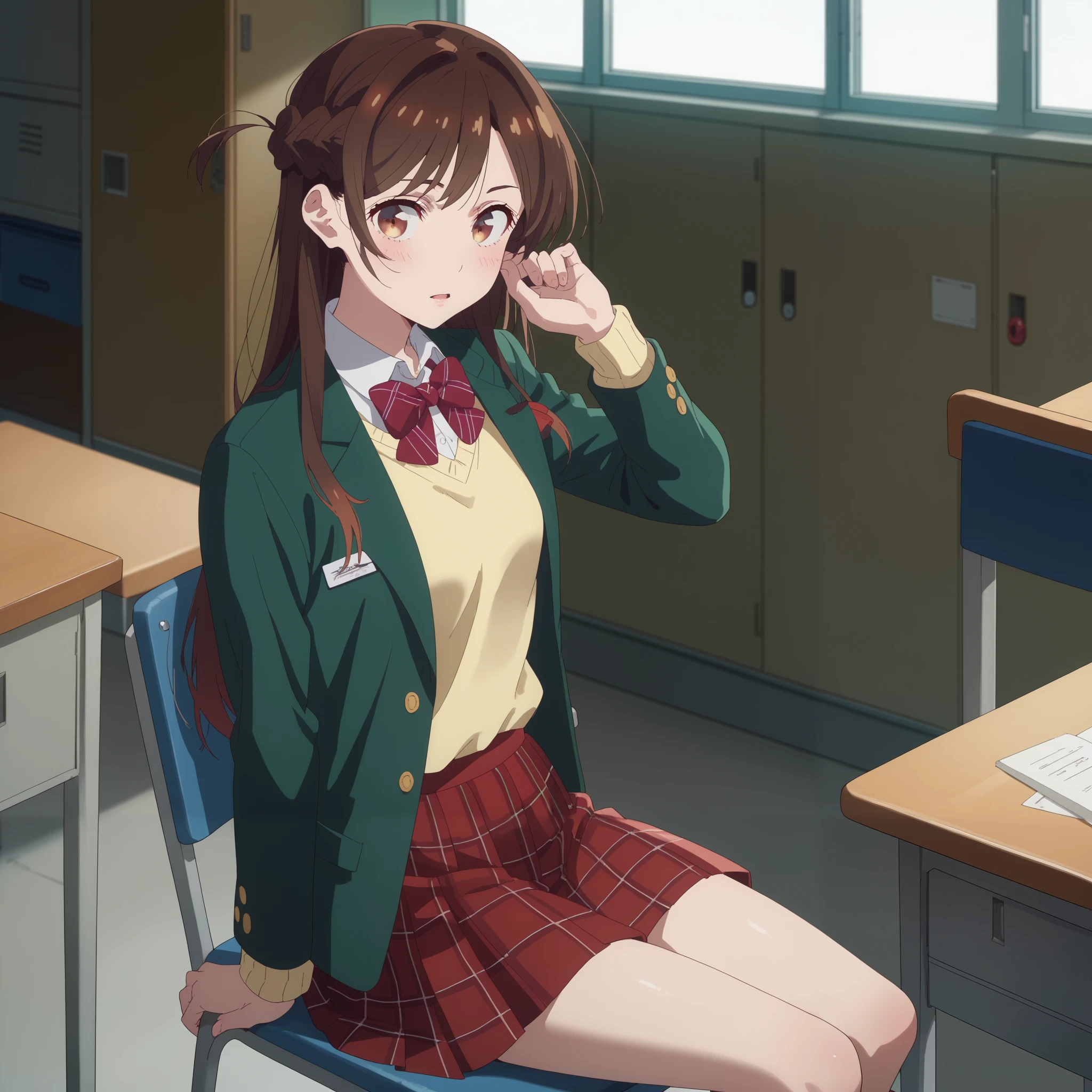 Parted lips,
Alone,
Chizuru Ichinose, 1 girl, brown hair, long hair, French Braid , brown eyes,
school uniform , green jacket, yellow sweater , bow tie,
plaid skirt that breaks small breasts, red skirt ,
Black Sox,
indoors,chair,machine, locker, window_,sunset,
sitting indoors in POV,