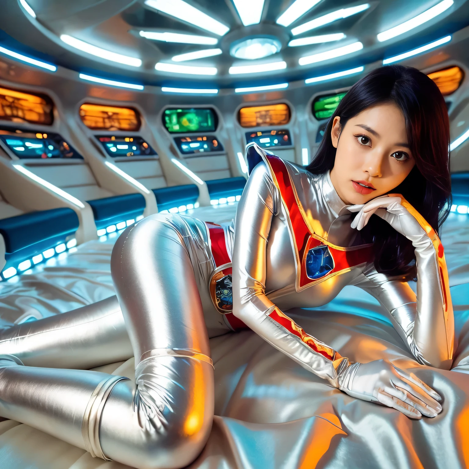 Asian Woman in metallic space suit from a 90's sci-fi series