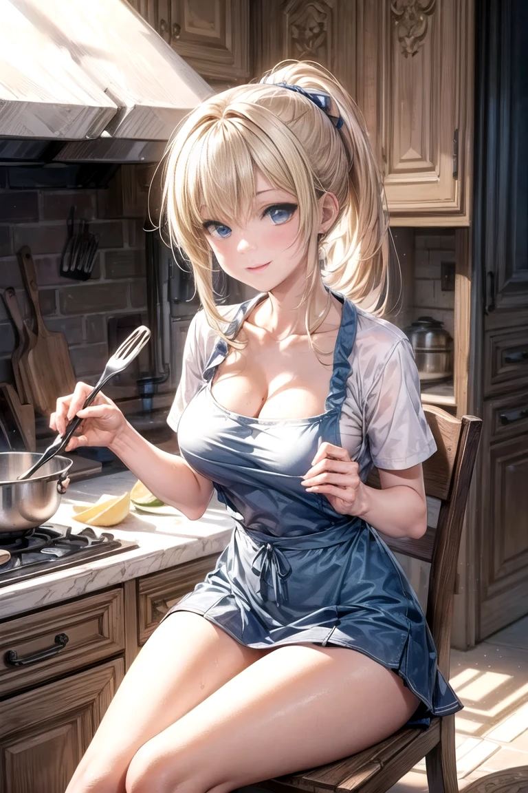 1girl, (Blue Eyes), (smiling :1.2), (Sana Minatozaki), (beautiful makeup :1.2), wide hips, Big tits, big ass, (Best Quality, 8k, Masterpiece: 1.3), Clear Focus: 1.2, Perfect Body Beauty: 1.4, strong abs, Highly detailed face and skin texture, detailed eyes, double eyelids, (blond long hair :1.2), (cleavage white apron :1.2), nude, standing, open legs :1.2, in the kitchen, view from below
