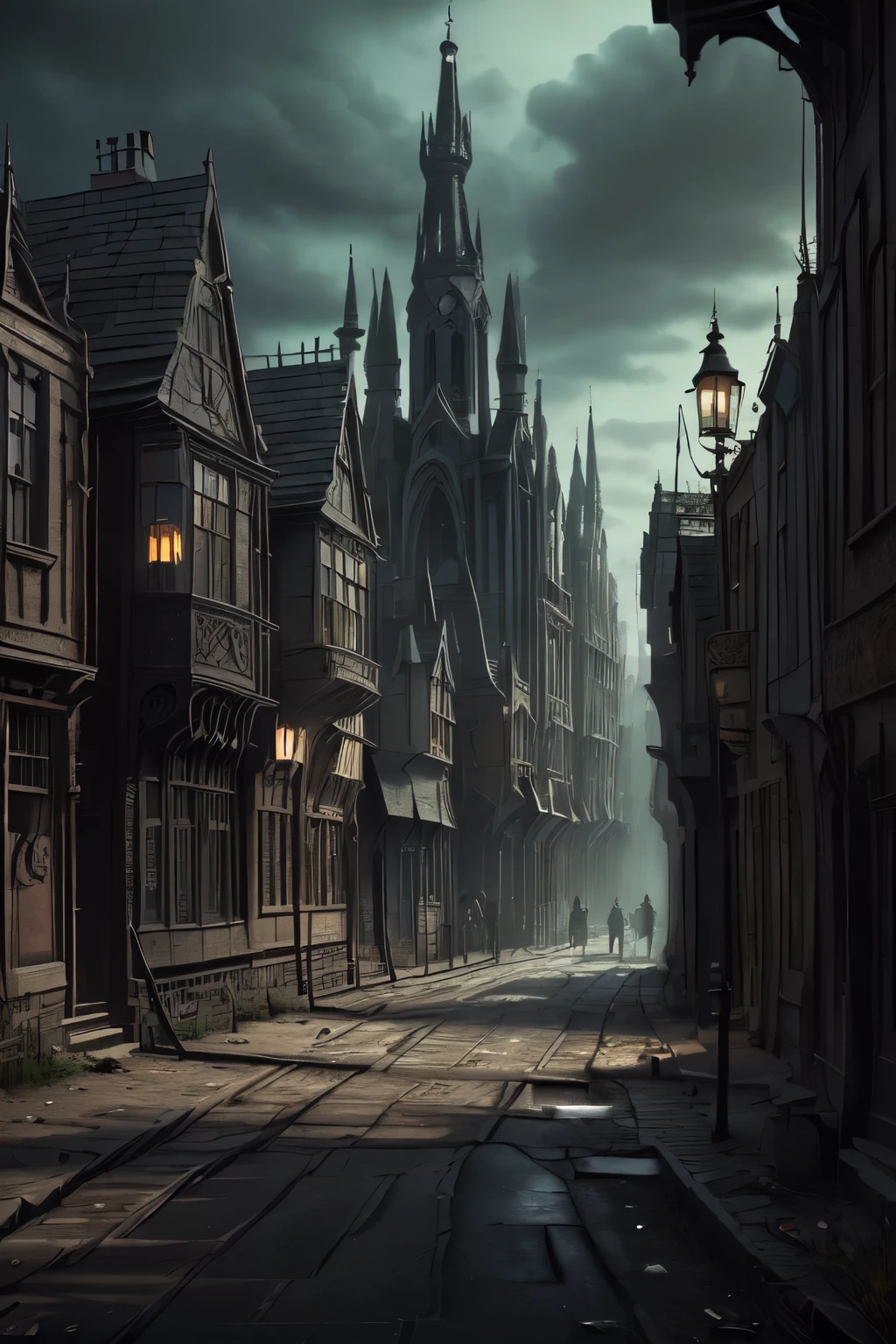 ((best quality)), ((masterpiece)), extremely detailed, delicate texture, aesthetic gothic collection, general term for (gothic architecture, art, fashion, literature, thought, style, and culture), gothichorrorai, (sinister), (dark), (gloomy), ((Victorian era)), ((gothic architecture)), ((street level)), ((pedestrian perspective)), ((a street level view)) of ((a very narrow and crowded alleyway)), ((a dense slum like residential area of a gothic city)), ((the dark underbelly of the city)), ((the city proper rises and looms over like a canopy)), ((a mixture of rickety wood building structures and an older more permanent stone city foundation)), ((wooden walkways criss-cross above)), (the buildings rise up out of view), (the street before us is extemely narrow), ((very dark)), ((lit by candle lamps))