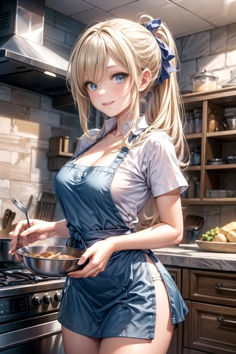 1girl, blond hair, green eyes, naked, apron, kitchen background 