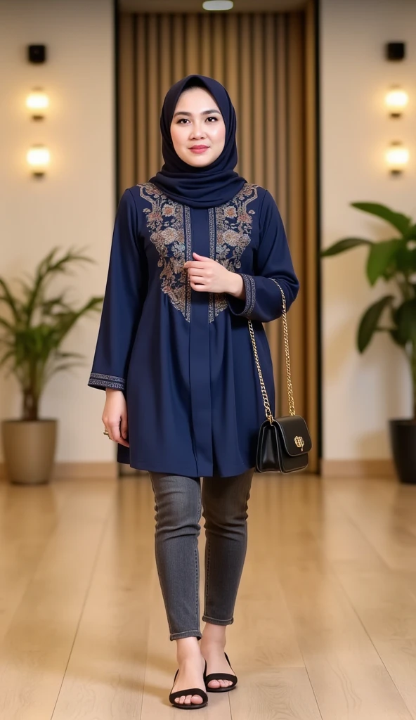 Please make me a picture showing a woman in a hijab, in front of various potted plants, with decorations and carrying a matching handbag, wearing a modern blue robe combined with jeans ((full body)). while standing smiling sweetly at the viewer, the person also wore pointed-toed shoes that matched the clothes. Behind the person, there is a collection of greenery of various sizes and shapes, creating a lush backdrop.