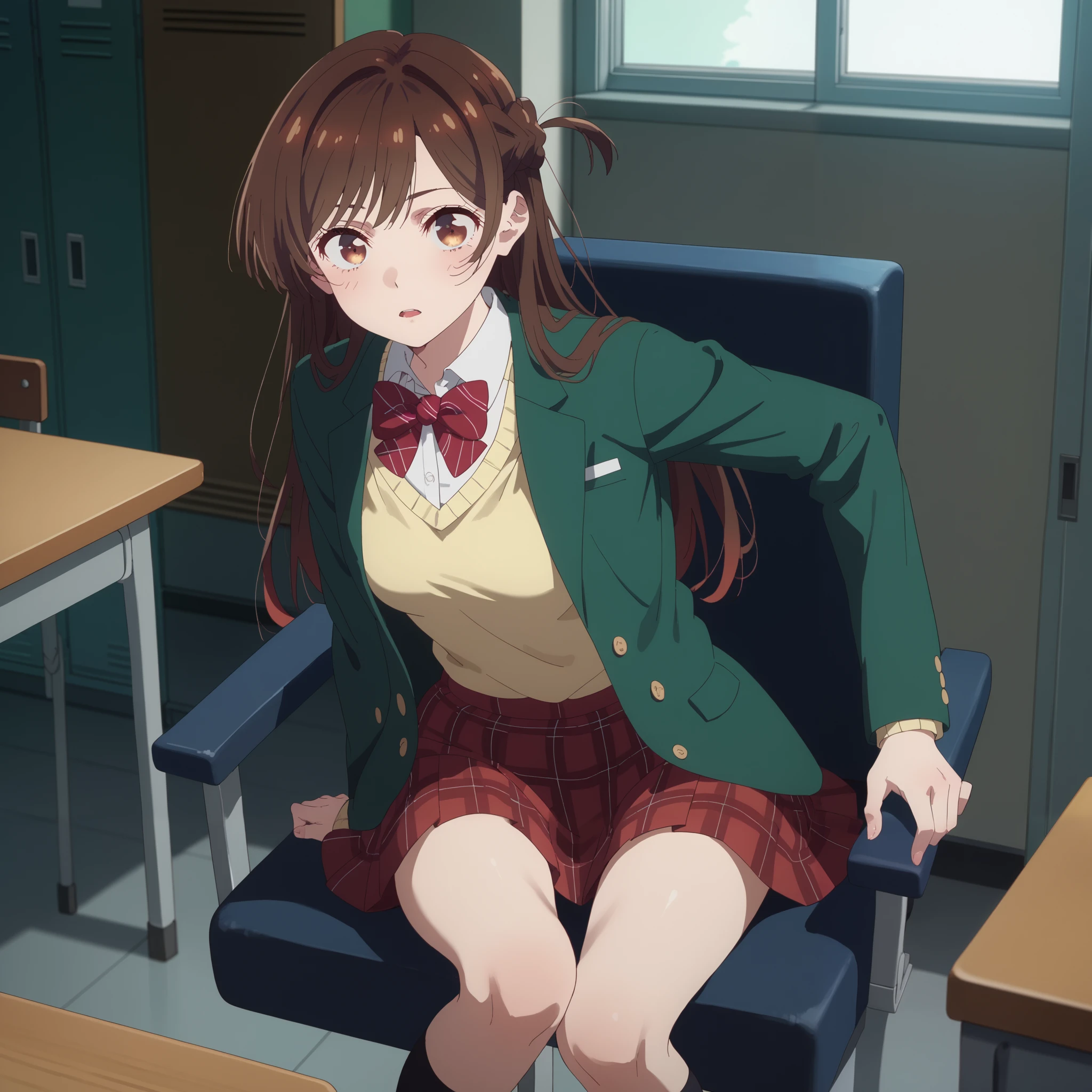 Parted lips,
Alone,
Chizuru Ichinose, 1 girl, brown hair, long hair, French Braid , brown eyes,
 school uniform , green jacket, yellow sweater , bow tie,
  plaid skirt that breaks small breasts, red skirt ,
 Black Sox,
 indoors,chair,machine, locker,  window_,sunset,
 sitting indoors in POV,