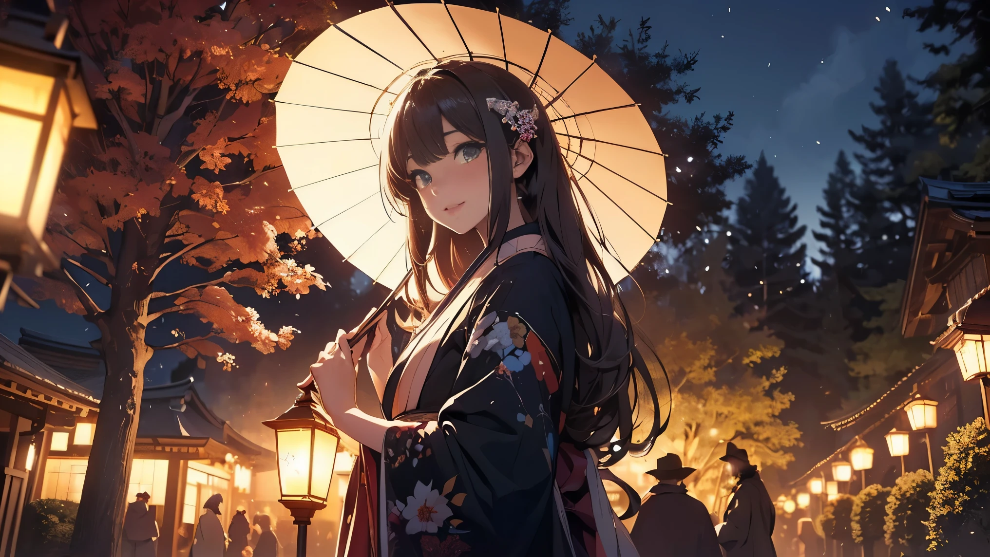 ( official art for 4 people、 top quality、unity 8k wallpaper、32K、 Masterpiece、 Super Detail、 super A high resolution、 is present、 photorealistic:1.2)、(Cinema Lighting:1.2)、Fire glow effect、 film grain、 best shadow、 rimlight、 side lights、( highly detailed and intricate 3d rendering)、細部まで beautiful顔と目、(whole body:1.2)、( side shot 、 look away:1.2)、( mystical )、 very detailed background、 beautiful顔、 blurry background、( high definition skin、 Detailed Skin Textures :1.3)、(tree々 with many umbrellas hanging from them., in the candy forest ! At night, 夜の lantern, 色とりどりの lantern, lantern, Japan at Night, 色とりどりの lantern, 吊るされた lantern, Night wonderland, lantern付き, Magical Garden Pictures , Parasol, Illuminate the Area , Outdoor art installation, 光る lantern, !! beautiful!!, Magical Scene:1.2)、cowboy shot、 glowing skin、 beautiful顔、 blurry background、20歳の beautiful女性、 glowing skin、Fox's tail grows、 beautiful silver hair、 short hair、( ponytail:1.2)、 Green Eyes、 fox ears、 hair ornament、 kind smile、( kimono:1.2)、 mini skirt、Wear knee socks、 beautiful足、