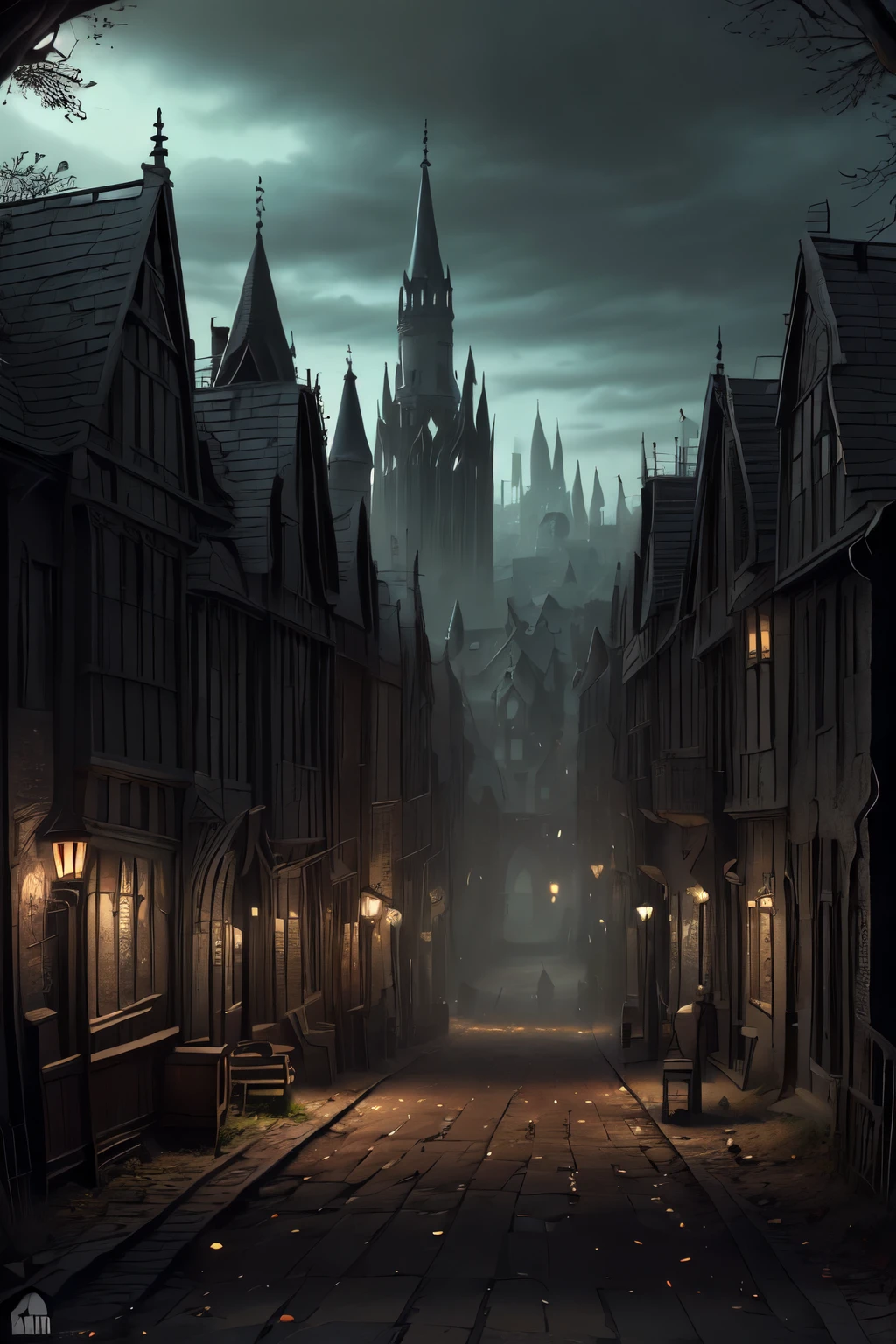 ((best quality)), ((masterpiece)), extremely detailed, delicate texture, aesthetic gothic collection, general term for (gothic architecture, art, fashion, literature, thought, style, and culture), gothichorrorai, (sinister), (dark), (gloomy), ((Victorian era)), ((gothic architecture)), ((street level)), ((pedestrian perspective)), ((a street level view)) of ((a very narrow and crowded alleyway)), ((a dense slum like residential area of a gothic city)), ((the dark underbelly of the city)), ((the city proper rises and looms over like a canopy)), ((a mixture of rickety wood building structures and an older more permanent stone city foundation)), ((wooden walkways criss-cross above)), (the buildings rise up out of view), (the street before us is extemely narrow), ((very dark)), ((lit by candle lamps))