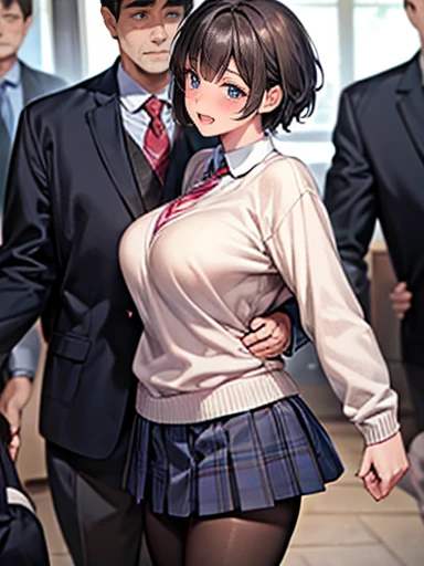 {{{masterpiece}}}, {{{best quality}}}, {{ultra-detailed}}, {illustration}, {{an extremely delicate and beautiful}}, (beautiful detailed eyes:1.6), extremely detailed face, 8k, nsfw, aichan(Tawawa on Monday), cute face, blue eyes, brown hair, short hair, side braid, braid, hair ornament, hairclip, large breasts, thin waist, big hips, curvaceous, pantyhose, thighs, black necktie, black pantyhose, blazer, blue jacket, blue skirt, buttons, collared shirt, jacket, miniskirt, necktie, open clothes, open jacket, pleated skirt, {school uniform}, shirt, skirt, sweater vest, black pantyhose, thighs, zettai ryouiki, BREAK, NSFW, an extremely pretty anime character being fucked by many men in lewd poses, 1girl, reverse suspended congress, breasts, hetero, penis, group sex, nipples, (SEX:1.5),{{{penis into pussy}}}, handjob, taking off clothes, open clothes, Open shirt, lift up skirt, multiple boys, multiple penises, gangbang, vaginal, double handjob, navel, pussy, solo focus, spread legs, 3boys, oral, blush, (fellatio:1.5), sweat, on back, areola slip, no panties, profile