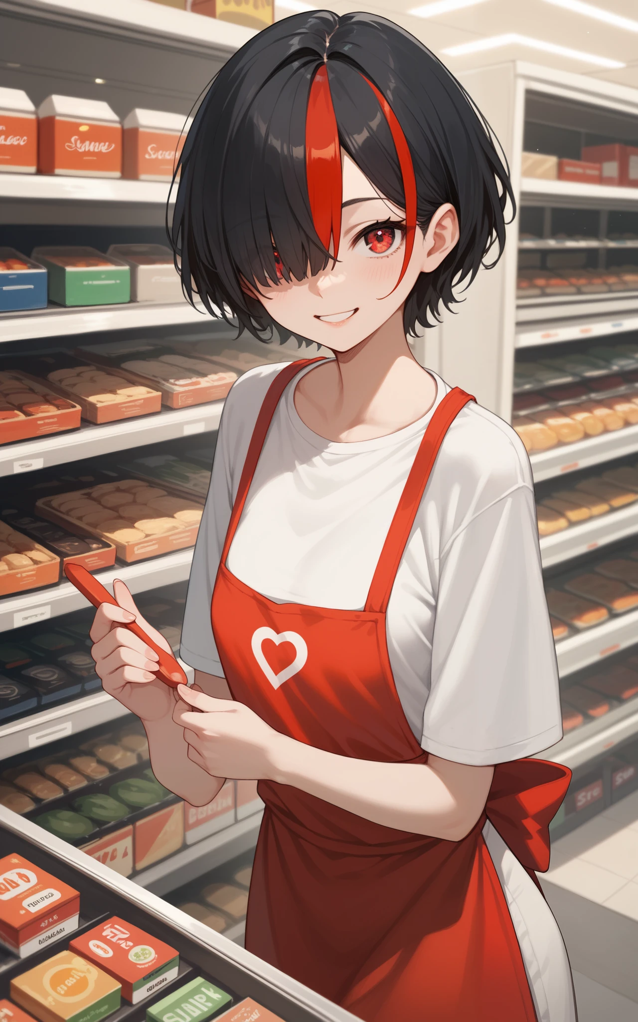 female, black  hair, red streaked  hair,  hair over one eye, short  hair, shop, red apron, Smile, Small Breasts, anime, 