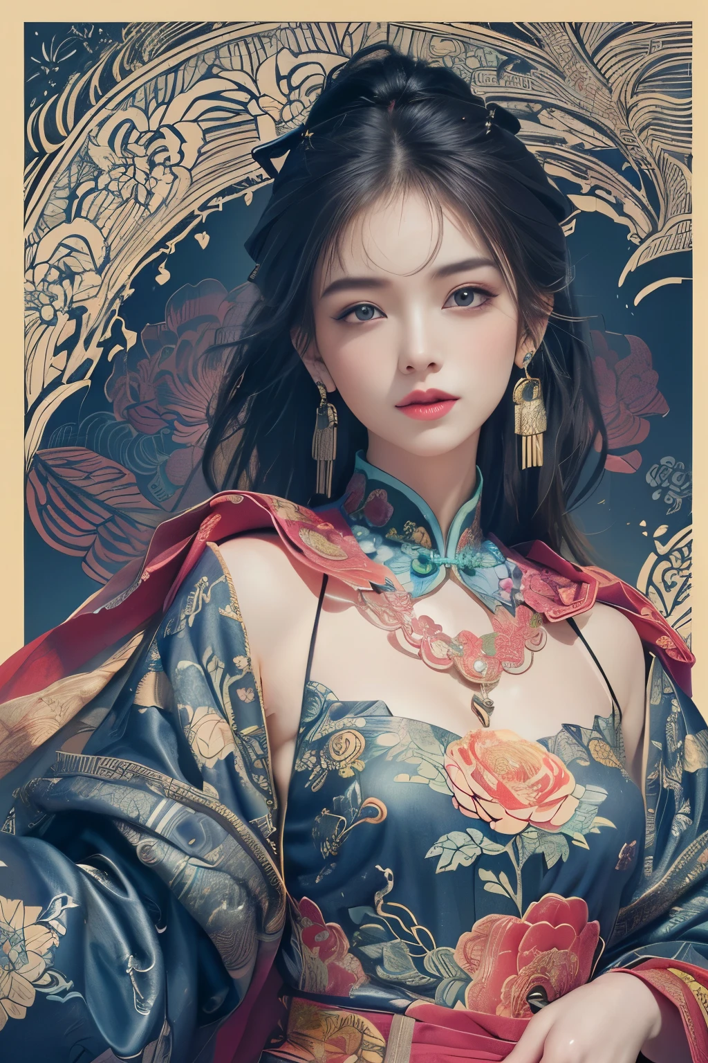 (masterpiece, top quality, best quality, official art, beautiful and aesthetic:1.2), (1girl:1.3), extremely detailed,(fractal art:1.1),(colorful:1.1)(flowers:1.3),highest detailed,(zentangle:1.2), (dynamic pose), (abstract background:1.3), (chinese Traditional cloth:1.2), (shiny skin), (many colors:1.4), ,(earrings:1.4),