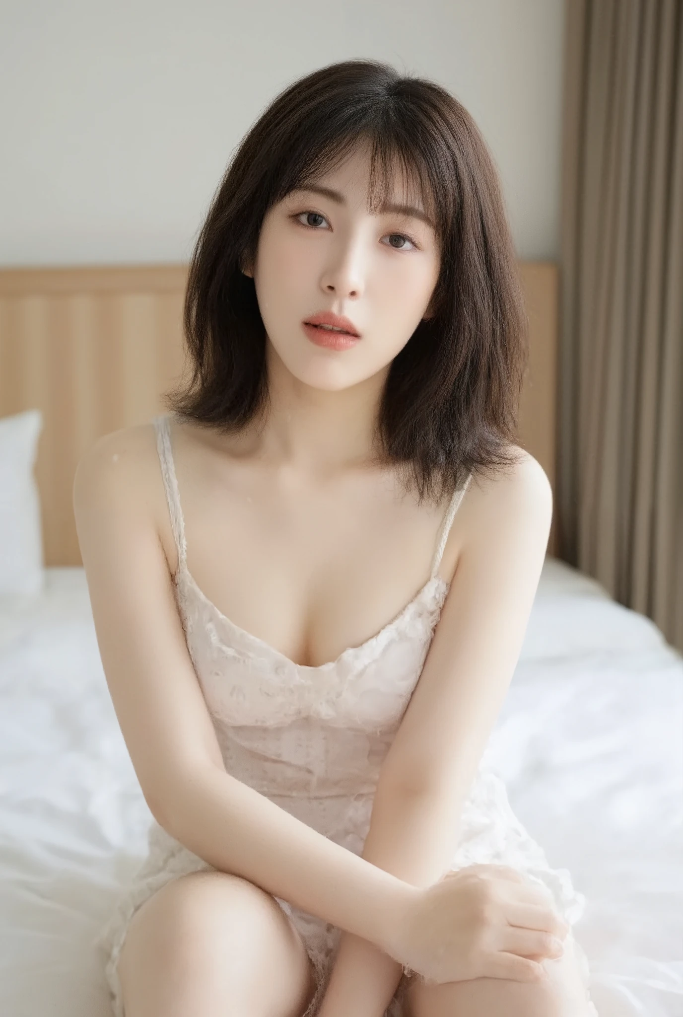 Ultra-realistic, strong sharp focus, high resolution, portrait, solo, Japanese, female, beautiful, mature, calm, 40 years old, fair skin, slim body but large breasts, medium long hair, black hair, forehead visible, small nose, sitting on bed in hotel room, Clear Morning, It's bright in the room, The texture of the skin is so realistic, mouth wide open yawning, Looking at the camera, nude, urabon, adult, Erotic, sexy pose,