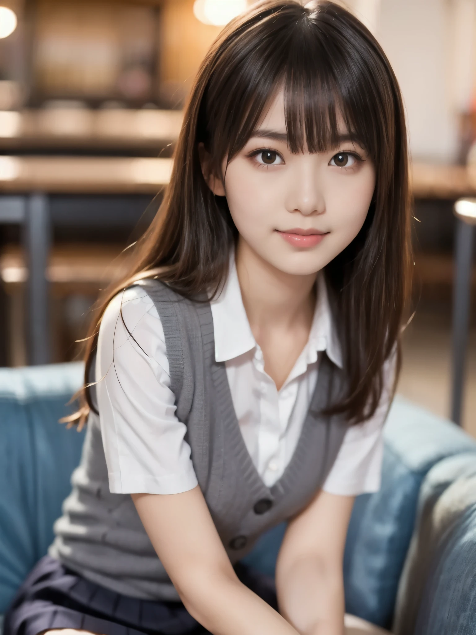 best quality, face focus, soft light, ultra high res, (photorealistic:1.4), RAW photo,
1japanese girl, solo, cute, (pupil, lights in the eyes), detailed beautiful face, (small chest),(high resolution detail of human skin texture),
(long hair),
sit couch,
school uniform, charcoal vest, skirt,
(upper thigh)
