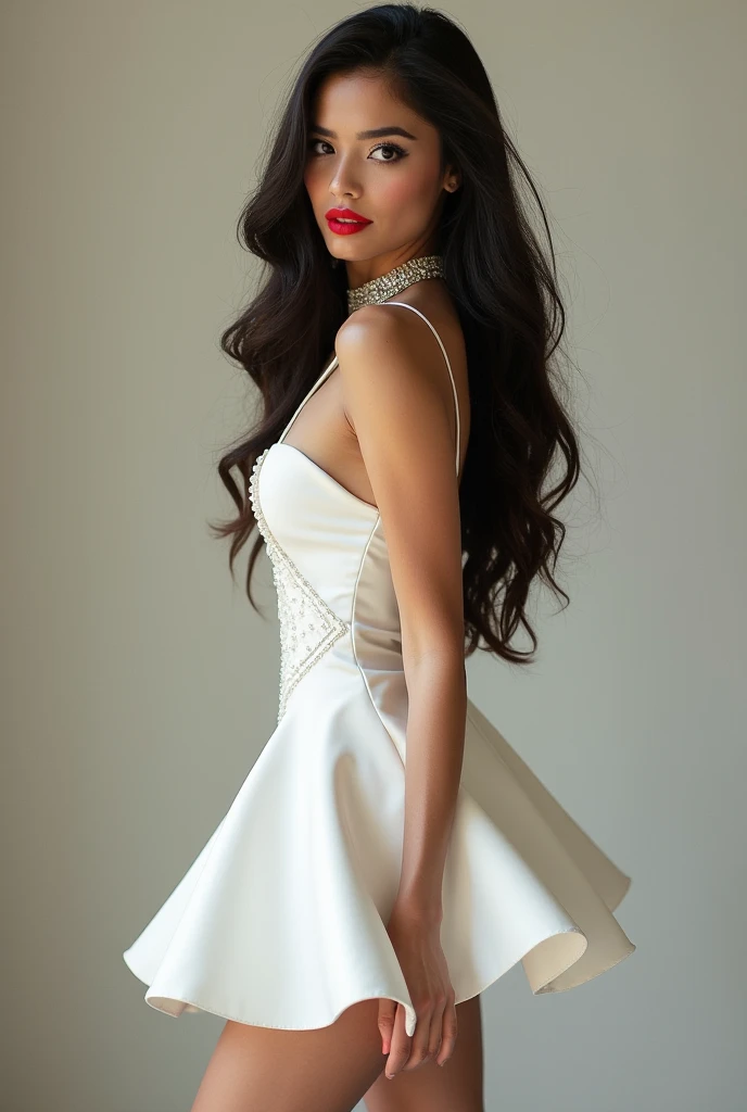 Realistic full body photo of a smiling, young black-haired girl with high hair, She dances in front of the camera in a long A-line bridesmaid dress with straps made of shiny red satin., Park,glamour fotoshooting, Wedding celebration, perfect anatomy, perfect brown eyes. Perfect hands with 5 fingers on each hand, Matching girl, looking at the camera, 1 Frau. (Eye make up:1.1), (highly detailed skin:1.1), spirit, analog style, keen focus, 8K UHD, dslr, good quality, Fujifilm XT3, Grain, Award-winning, masterpiece. Wedding celebration