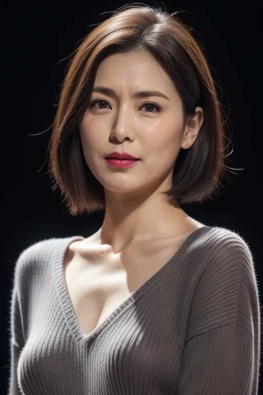 Tabletop, Highest quality, Realistic, Very detailed, finely, High resolution, 8k wallpaper, RAW Photos, Professional, High level of detail, 1 Girl, (((Red lips))), (A little chubby), ((Looking into the camera)), (look forward to), Plain gray background, Upper Body, short hair, Bob Hair, (Straight hair), large and well-shaped breasts, Cleavage, Light-colored V-neck light knit sweater