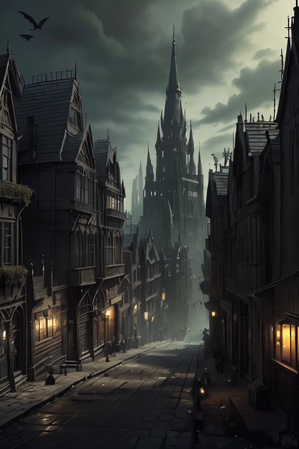 ((best quality)), ((masterpiece)), extremely detailed, delicate texture, aesthetic gothic collection, general term for (gothic architecture, art, fashion, literature, thought, style, and culture), gothichorrorai, (sinister), (dark), (gloomy), ((Victorian era)), ((gothic architecture)), ((street level)), ((pedestrian perspective)), ((a street level view)) of ((a very narrow and crowded alleyway)), ((a dense slum like residential area of a gothic city)), ((the dark underbelly of the city)), ((the city proper rises and looms over like a canopy)), ((a mixture of rickety wood building structures and an older more permanent stone city foundation)), ((wooden walkways criss-cross above)), (the buildings rise up out of view), (the street before us is extemely narrow), ((very dark)), ((lit by candle lamps))