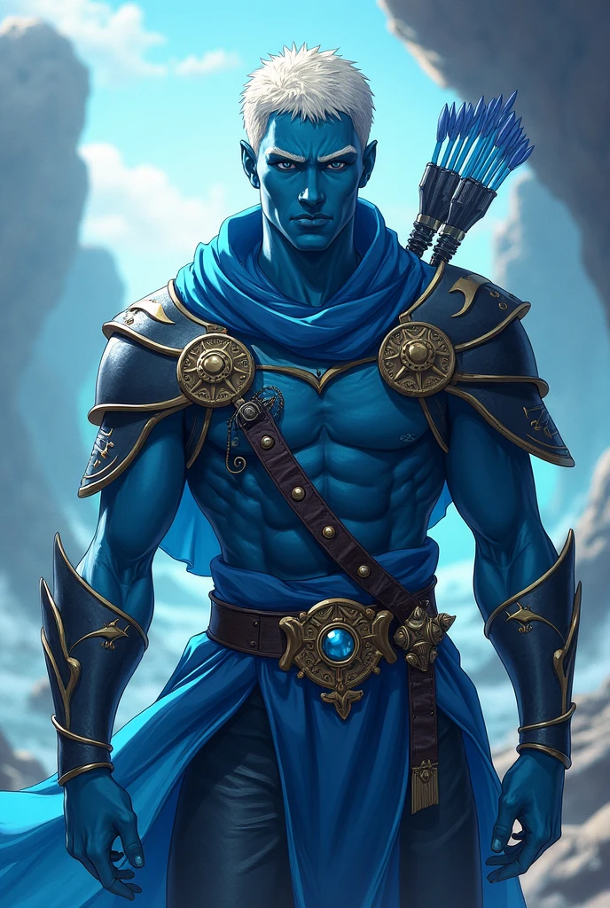 A man with blue colored skin having a strong muscular body, he have black colored hair and no beard and mustache on face.he have a calm pleasant face. Tha face is always smiled and with a positive look. He wears gold ornaments, and wears a crown of gold, diamonds, rubies, and different color gems. He has a bow in his left hand and a case for holding arrows in his back.