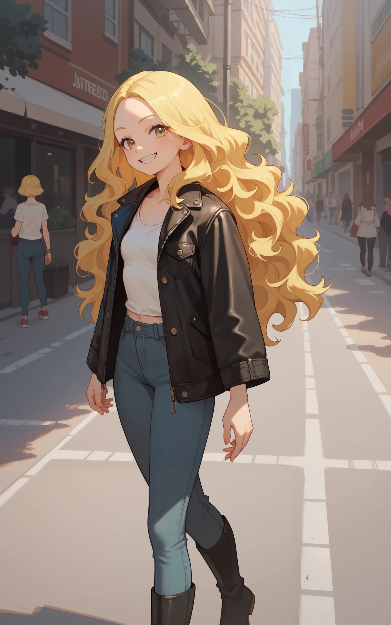 female, yellow  hair, forehead, wavy hair, long  hair, street, leather jacket, Smile, jagged teeth, Small Breasts, anime, 