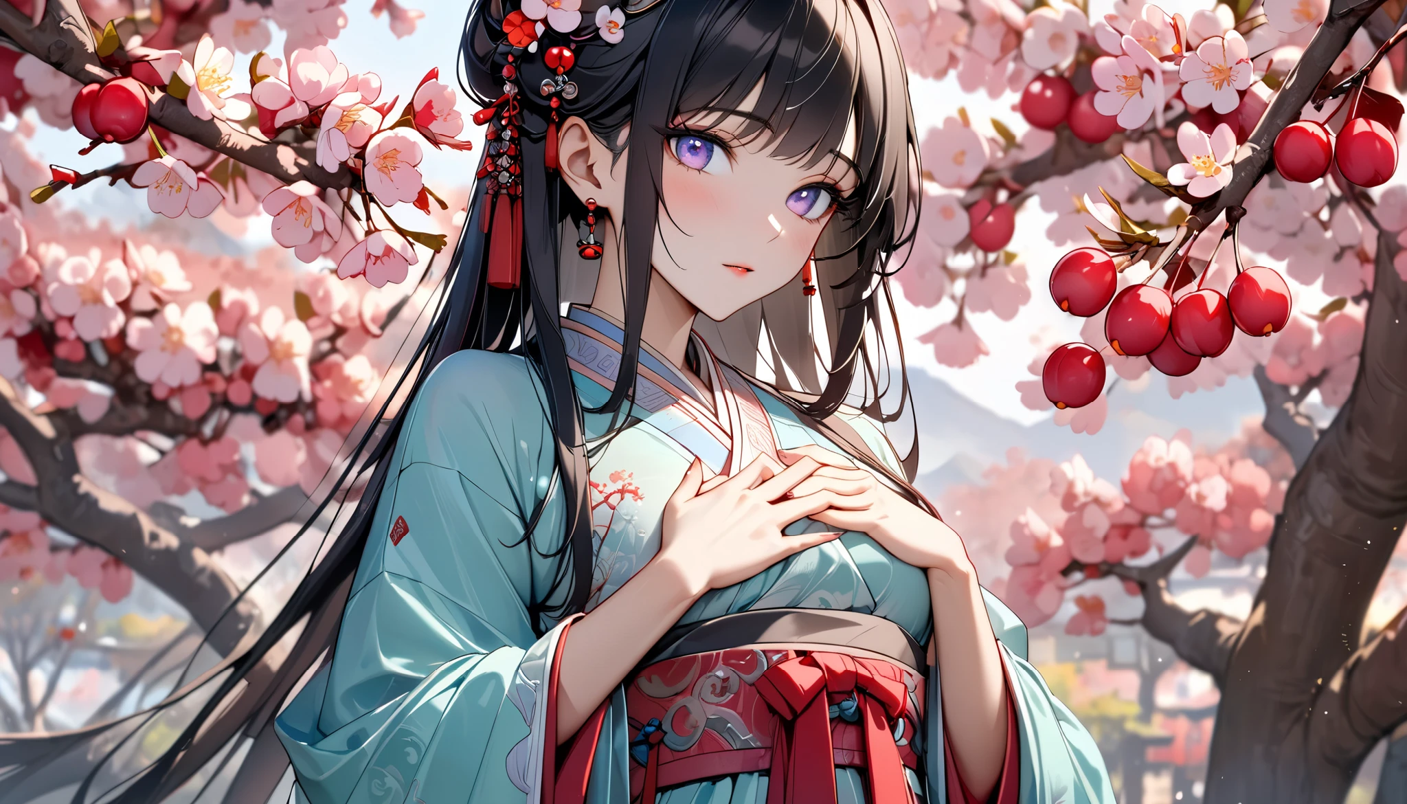 ((Best quality, 8k, Masterpiece: 1.3)), Sharp focus A beautiful woman with perfect body, Slim abdomen, Highly detailed face and skin texture, Detailed eyes, Traditional Chinese costume, hanfu, ancient Chinese princess, black hair, hair ornament studded with small jewels, slender body, hands on , ((With a blossoming plum tree in the background))