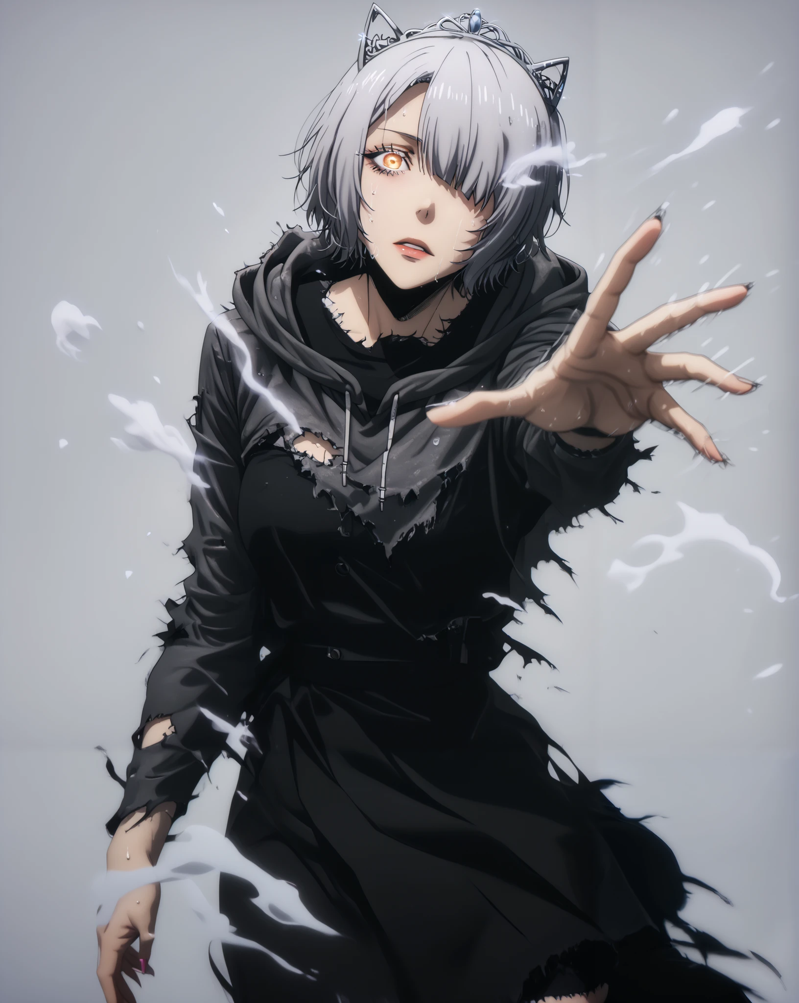 asura style, score_9, score_8_up, score_7_up, score_6_up, uncensored, chartreux westia, ((short hair)), bangs, yellow eyes, grey hair, hair over one eye, tiara, bright pupils, anime coloring, anime screencap, (voluptuous:1.3), (thick:1.3), BREAK UHD, retina, masterpiece, accurate, anatomically correct, textured skin, super detail, high details, high quality, award winning, best quality, highres, 4K, excessive sweating, sweating, sweating drop, (gasping, heavy breathing:1.3), (skindentation:1.2), perfect eyes, beautiful eyes, eyelashes, makeup, detailed body, perfect body, BREAK, (aura:1.4), solo, hood, 1girl, cloak, hood_up, glowing, torn_clothes, grey_background, simple background, particle, gothic, glowing eyes