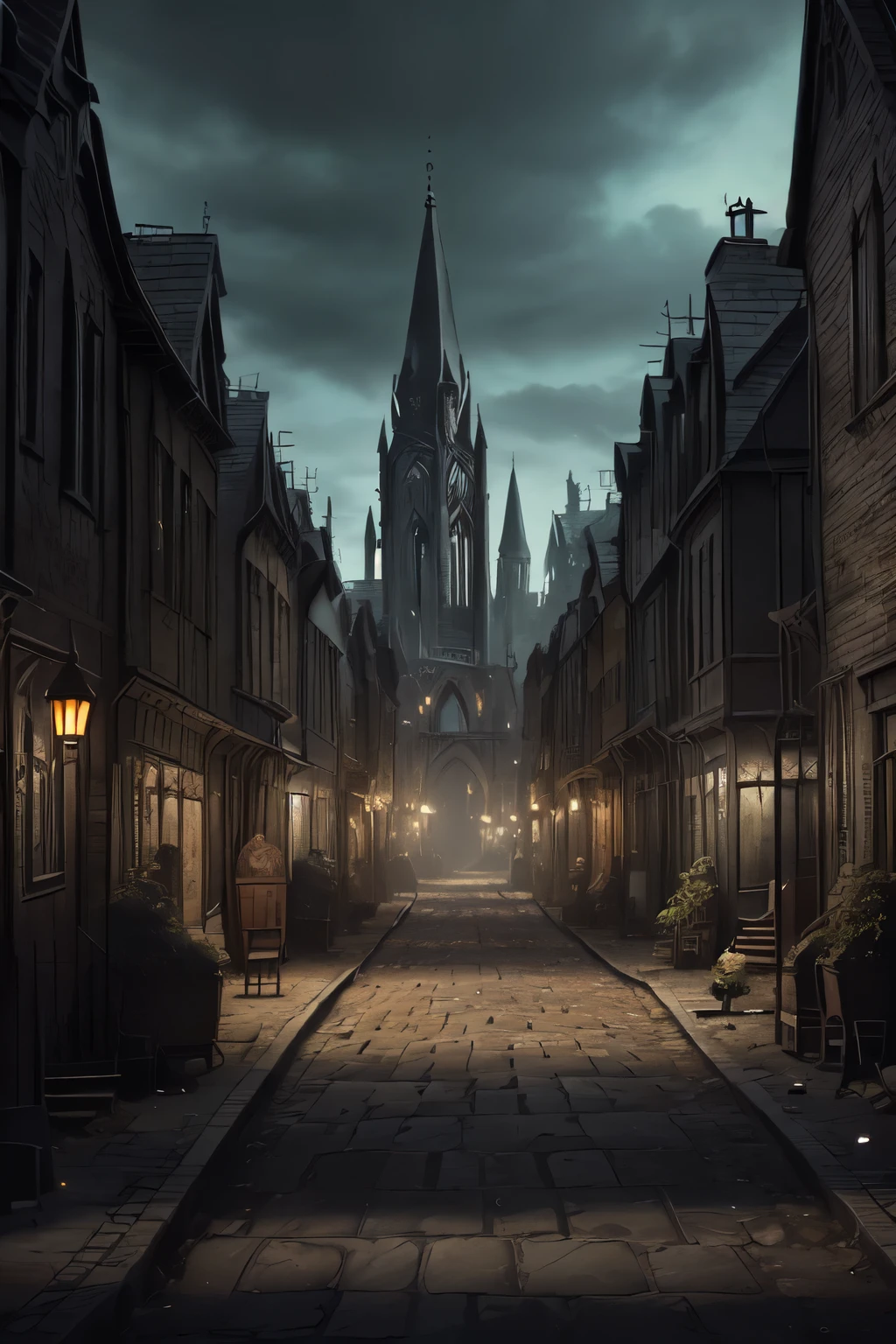 ((best quality)), ((masterpiece)), extremely detailed, delicate texture, aesthetic gothic collection, general term for (gothic architecture, art, fashion, literature, thought, style, and culture), gothichorrorai, (sinister), (dark), (gloomy), ((Victorian era)), ((gothic architecture)), ((street level)), ((pedestrian perspective)), ((a street level view)) of ((a very narrow and crowded alleyway)), ((a dense slum like residential area of a gothic city)), ((the dark underbelly of the city)), ((the city proper rises and looms over like a canopy)), ((a mixture of rickety wood building structures and an older more permanent stone city foundation)), ((wooden walkways criss-cross above)), (the buildings rise up out of view), (the street before us is extemely narrow), ((very dark)), ((lit by candle lamps))