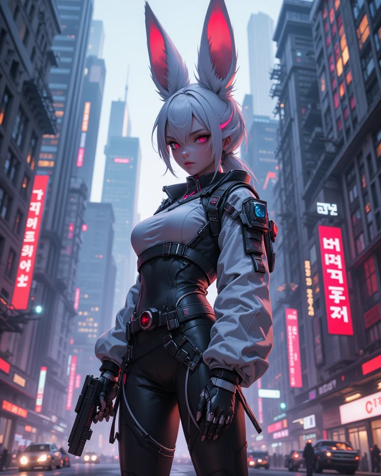 Rabbit-eared cyberpunk girl, delicate and detailed writing, masterpiece, masterpiece, 8K