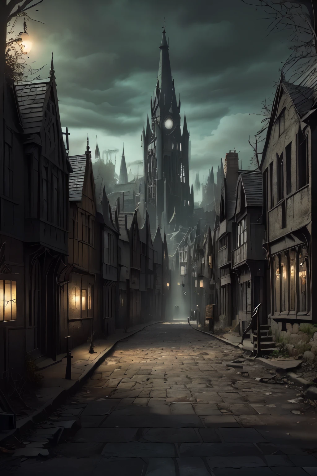 ((best quality)), ((masterpiece)), extremely detailed, delicate texture, aesthetic gothic collection, general term for (gothic architecture, art, fashion, literature, thought, style, and culture), gothichorrorai, (sinister), (dark), (gloomy), ((Victorian era)), ((gothic architecture)), ((street level)), ((pedestrian perspective)), ((a street level view)) of ((a very narrow and crowded alleyway)), ((a dense slum like residential area of a gothic city)), ((the dark underbelly of the city)), ((the city proper rises and looms over like a canopy)), ((a mixture of rickety wood building structures and an older more permanent stone city foundation)), ((wooden walkways criss-cross above)), (the buildings rise up out of view), (the street before us is extemely narrow), ((very dark)), ((lit by candle lamps))