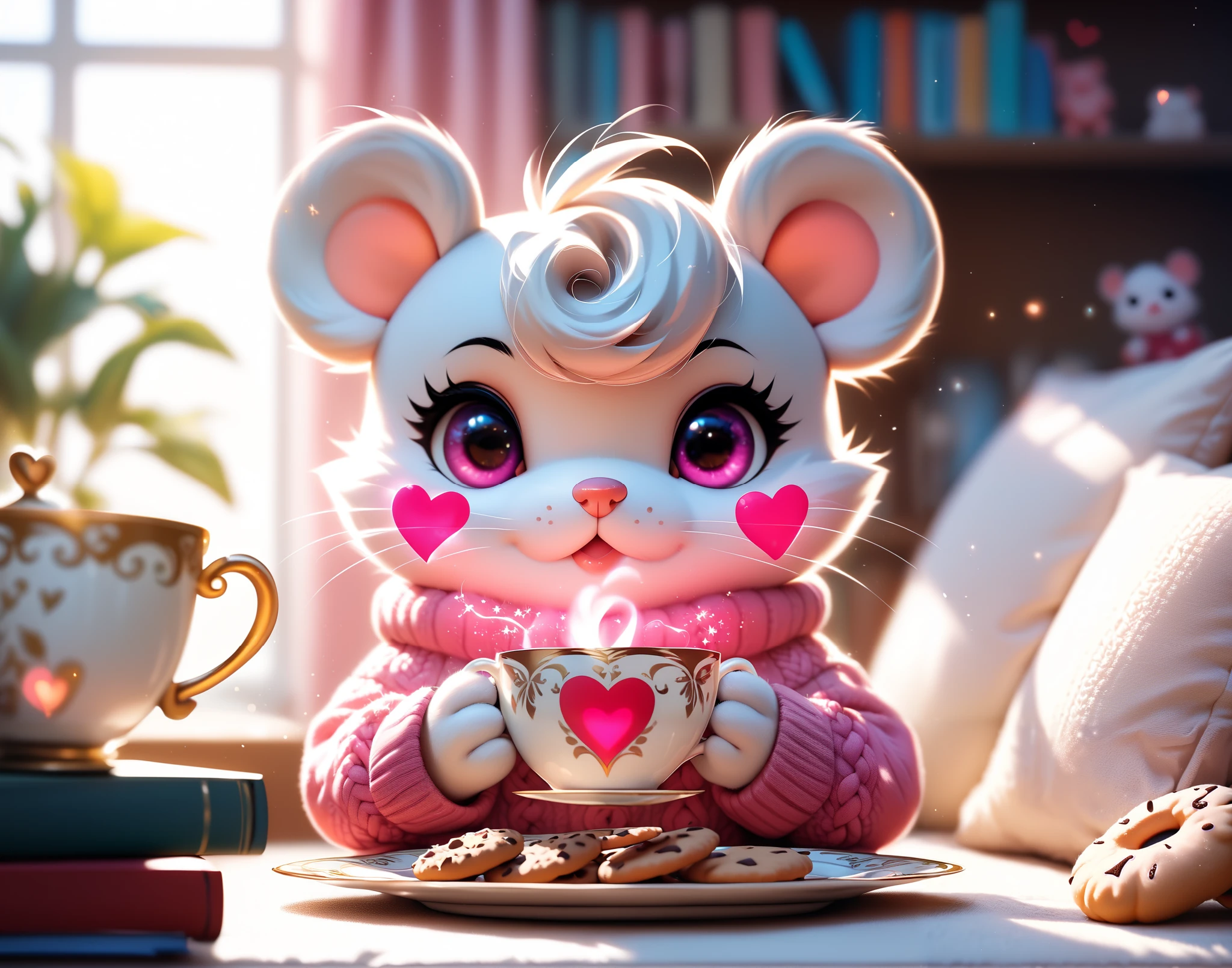  (Close up) of an adorable hamster wearing a cozy knitted sweater in a tiny cozy living room, the hamster ((holding a giant glowing heart)) that is pink, surrounded by plush furniture, soft textures, books, ((a plate of cookies with a teacup)), warm colors and soft lightning, (((looking directly at the viewer))), masterpiece in maximum 16K resolution, superb quality. | ((More_Detail)) 