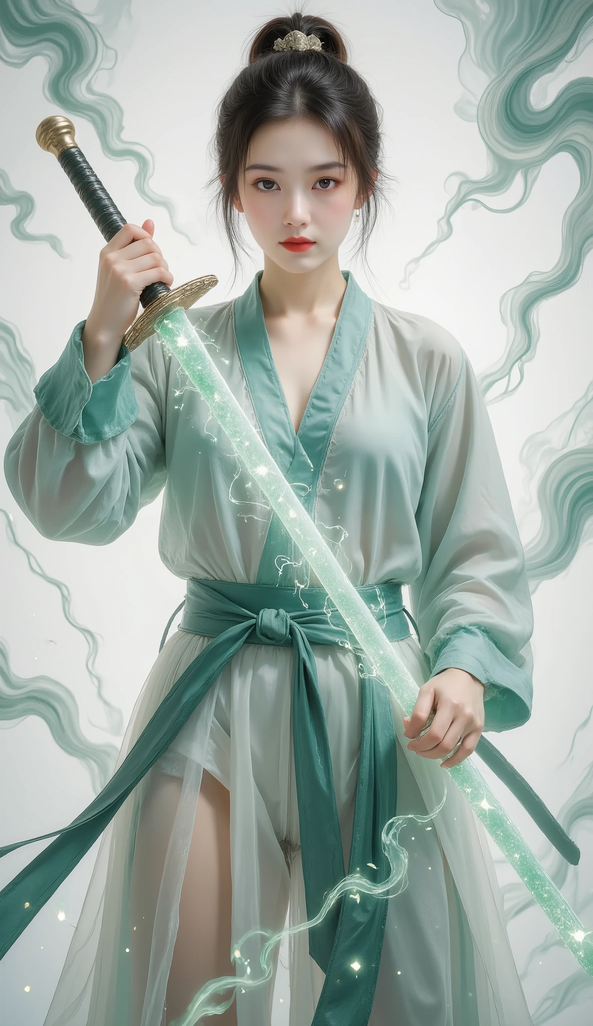 Female swordsman Jade Fractal photography,Atomic Correct,Raw, Lenses, (Clear focus:1.5), (Reality:1.4), Dusk lighting, Volumetric Lighting, Ultra-high resolution, 16K,Dramatic Lighting, White background:1.5),Glowing sword,(fighting stance),Hold the sword hilt tightly in your hand,1 sword,Solitary,(Zentangle,Mandala,Tangles,Entanglement:0.7) , Depth of Field, Dreamy atmosphere, The most beautiful form of chaos, grace, Brutalist design dark theme, Flower of Death, Flowers of ecstasy,glowing line,Glow Example,Tracking example,flash, Backlight,translucent,Light Particles,exit,xianxia