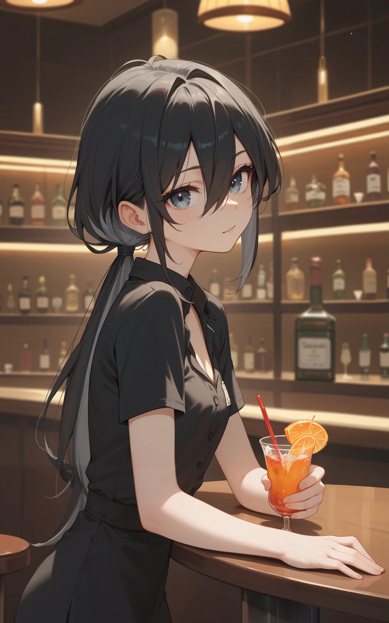 female, black hair, grey gradation color hair, hair between eyes, low ponytail, bar, bartender, Black Best, Black shirt, making Cocktail, Small Breasts, anime, 