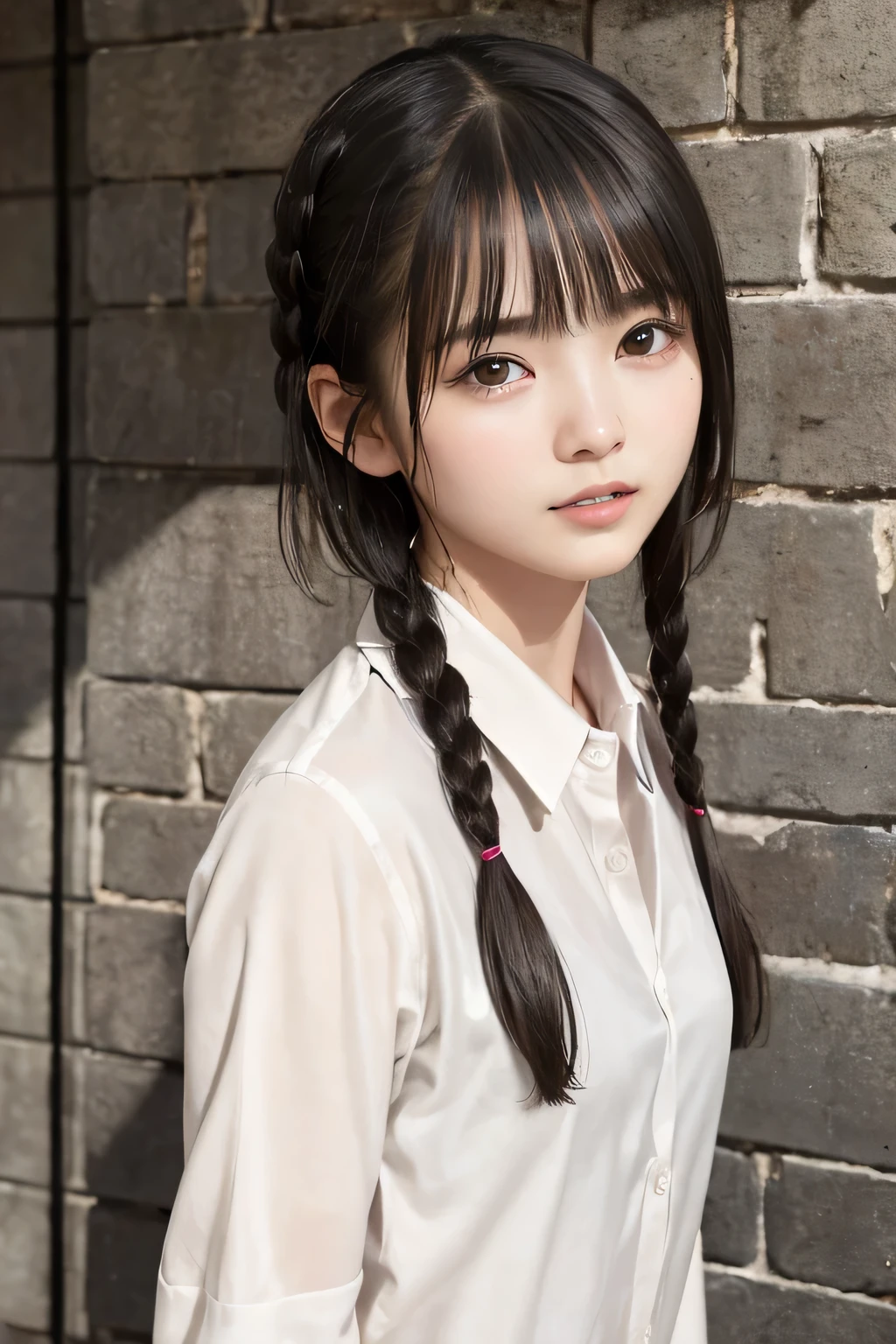 (8k, RAW photo, photorealistic:1.25), (lip gloss, eyelashes, Shiny surface, Glossy Skin, best quality, ultra highres, allows depth of field), (naked shirt, nude, Unbuttoned shirt), (wet hair, short two braids hair:1.5), (Color Difference, caustics, blow lighting, Natural Shading, kpop idol), crying, tears, tearing, sadness, dark dungeon