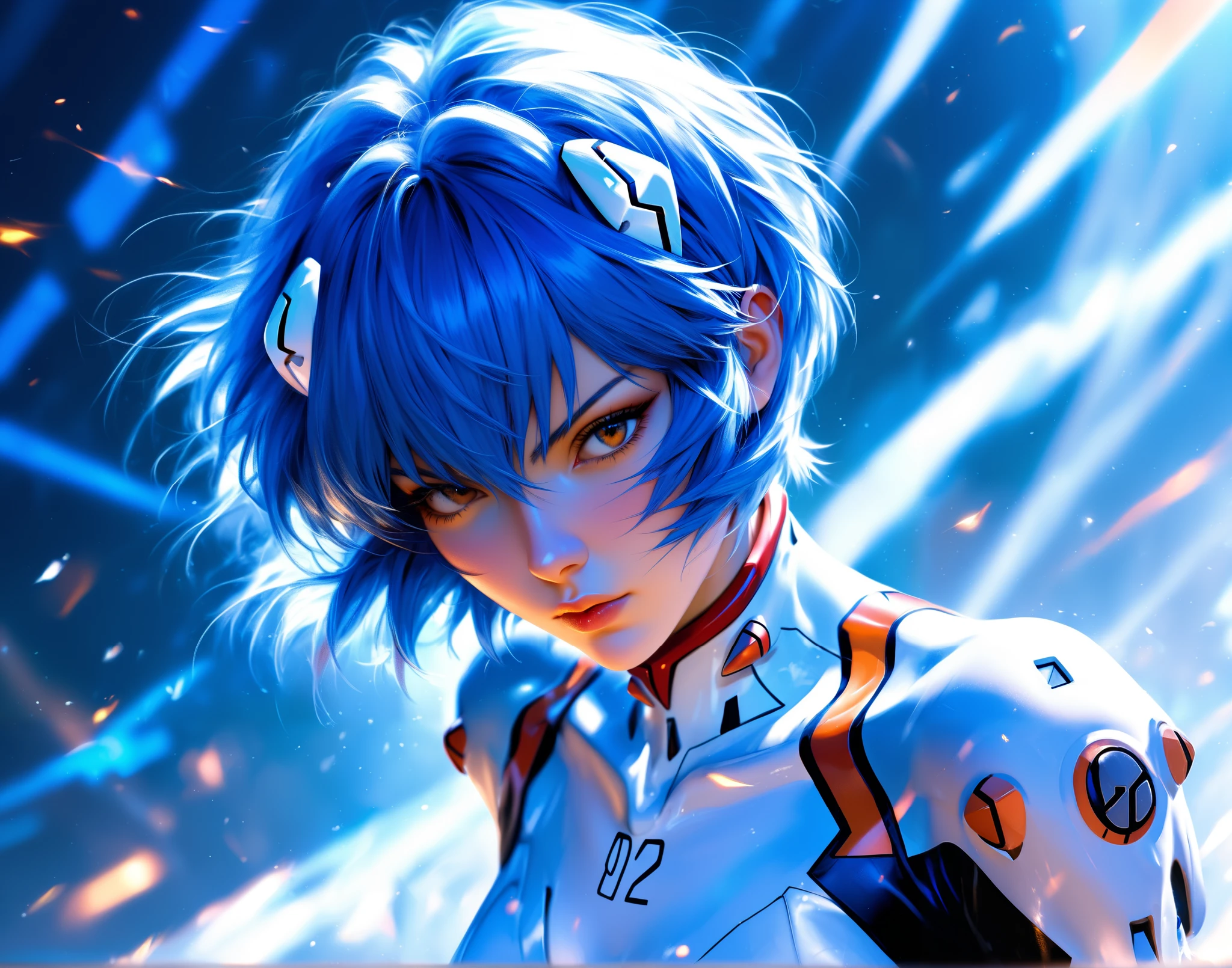 Ayanami Evangelion, tall, adult, dynamic pose,dynamic angle, Use soft lighting to cast gentle shadows on the subject, adding a touch of dimension to image without compromising details.,(blue hair:1.5), dynamic movement. white bodysuit, serious expression, intricate background, Golden hour light