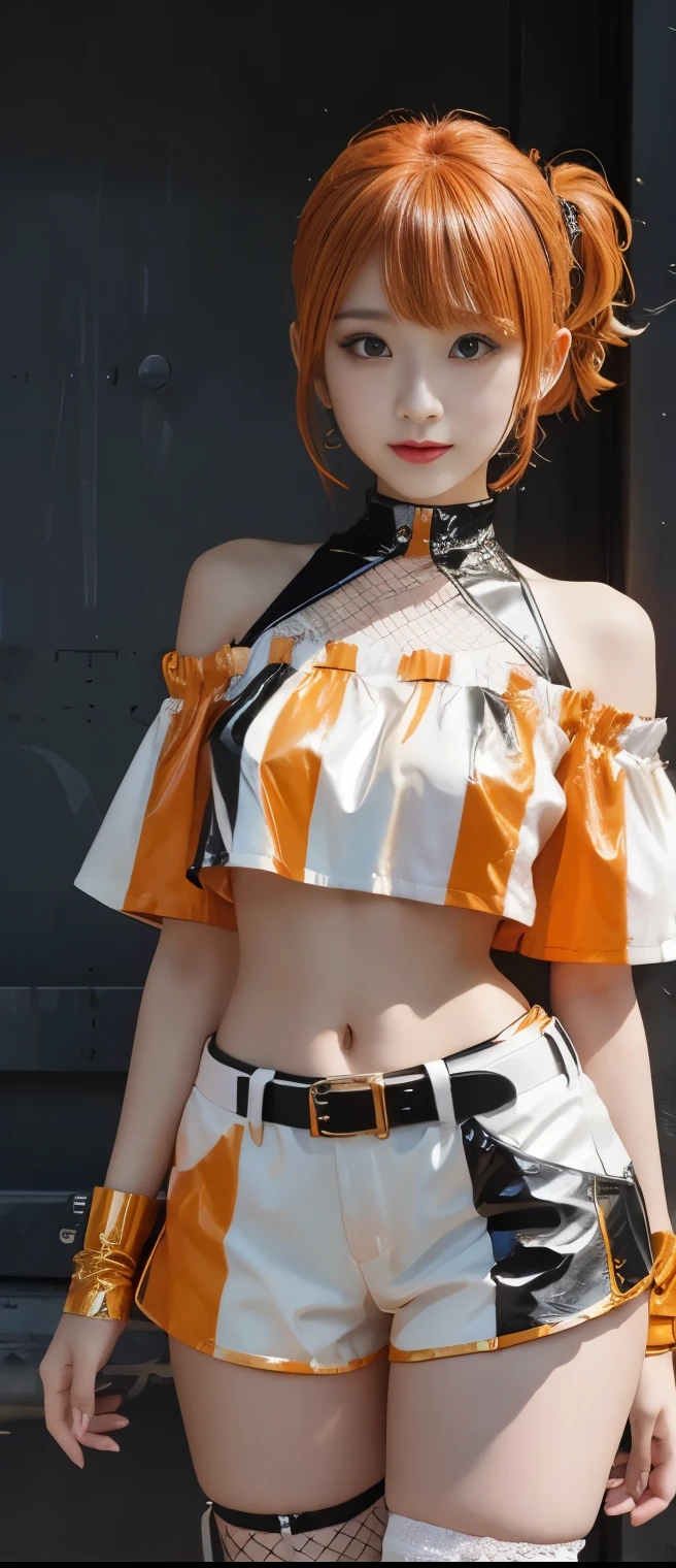 Fancy Idol Girl (Orange Black Hair )、A pure girl's face、 hypo、 Fluorescent Orange Off Shoulder Shirt、 White Latex Tight Shorts、Paint Belt 、 fishnet、Glowing Punk Town