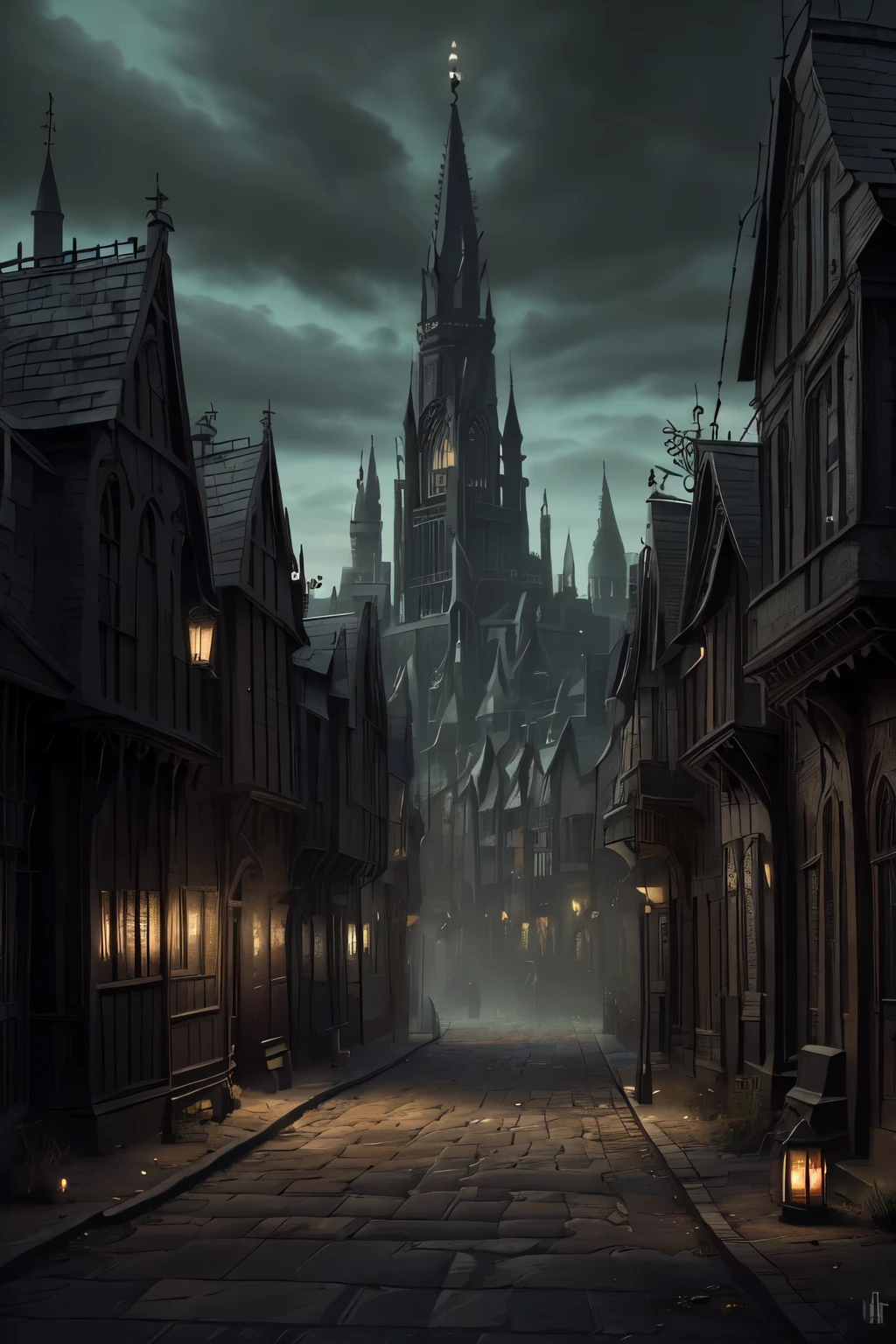 ((best quality)), ((masterpiece)), extremely detailed, delicate texture, aesthetic gothic collection, general term for (gothic architecture, art, fashion, literature, thought, style, and culture), gothichorrorai, (sinister), (dark), (gloomy), ((Victorian era)), ((gothic architecture)), ((street level)), ((pedestrian perspective)), ((a street level view)) of ((a very narrow and crowded alleyway)), ((a dense slum like residential area of a gothic city)), ((the dark underbelly of the city)), ((the city proper rises and looms over like a canopy)), ((a mixture of rickety wood building structures and an older more permanent stone city foundation)), ((wooden walkways criss-cross above)), (the buildings rise up out of view), (the street before us is extemely narrow), ((very dark)), ((lit by candle lamps))