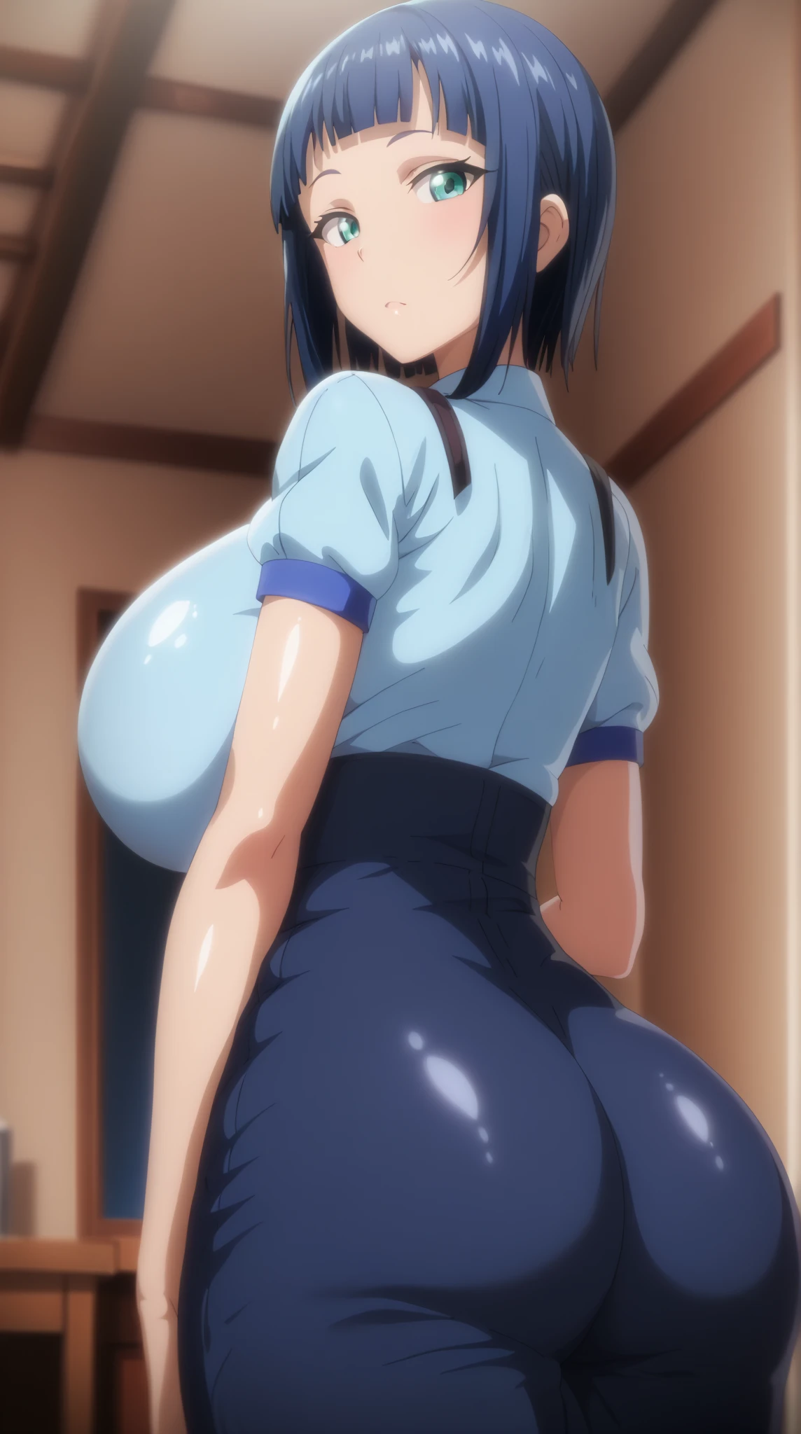 (perfect body),highest quality,(8K portrait),(anime screen cap)、(nsfw)、((((sex))))、female police officer、((surprised)),blush,Sweat,((big breasts)) 、(black hair),((bob cut))、yellow eyes,(thick thighs),((gray sports panties))、gray sports bra、grit your teeth、adult woman、locker room、hands behind head、both armpits、kneel down