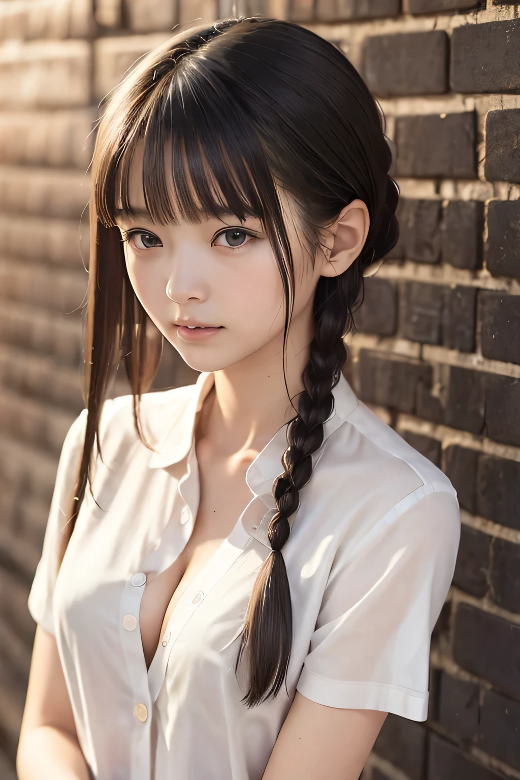 (8k, RAW photo, photorealistic:1.25), (lip gloss, eyelashes, Shiny surface, Glossy Skin, best quality, ultra highres, allows depth of field), (cleavage, naked shirt, nude, Unbuttoned shirt:1.5), (wet hair, short two braids hair:1.5), (Color Difference, caustics, blow lighting, Natural Shading, kpop idol), crying, tears, tearing, sadness, dark dungeon