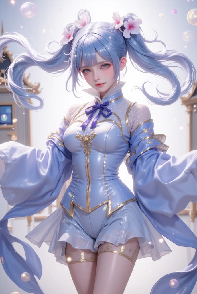 (photorealistic:1.4), (masterpiece, sidelighting, finely detailed beautiful eyes: 1.2), masterpiece*portrait, realistic, 3d face, 
ganyu \(genshin impact\), 1girl, ahoge, architecture, bangs, bare shoulders, bell, black gloves, black pantyhose, (blue hair), blush, breasts, chinese knot, detached sleeves, flower knot, gloves, horns, long hair, looking at viewer, medium breasts, neck bell