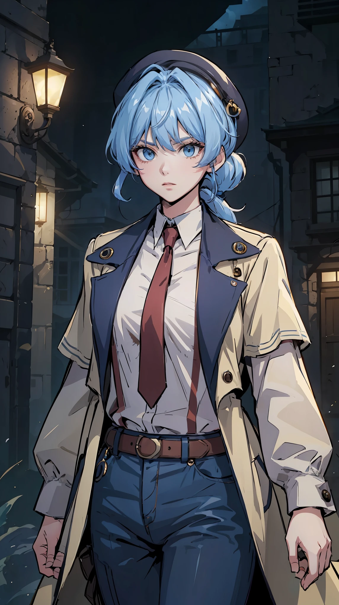 a half length portrait of a person wearing a hat and a red tie,(2 d anime style),(tall anime girl with blue eyes), female protagonist 👀 :8, nagito komaeda, anime character, 2 d anime, from girls frontline, ((Manhwa artstyle)), best anime 4k konachan wallpaper, female anime character, girls frontline style, trigger anime artstyle, detective costume, blue jeans, (cream trench coat), sherlock holmes female cosplay, beret, blue hair, 17th century steampunk street night, anime hairstyle, ((loose clothes)), dark rainy background, street light, CaseySelmoy, 1girl, short hair, blue eyes, blonde hair, shirt, hat, light blue hair, jacket, white shirt, necktie, collared shirt, (blue baggy pants), coat, low ponytail, Her hairstyle can be described as "ponytail with bangs". (The hair is parted in the middle, with loose, slightly wavy ponytail tied low, and "soft messy bangs" covering part of her forehead), (Her bangs can be described as soft, wispy, and slightly layered curtain bangs). They are parted slightly in the middle, allowing some strands to fall gently across her forehead while framing her face. The bangs have a slightly uneven cut, with some strands extending longer towards the sides, blending naturally into the rest of her hairstyle, (tall slim adult body)