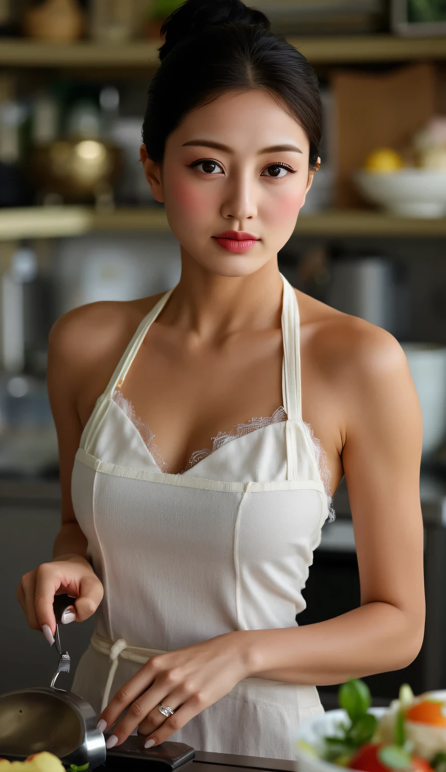 a woman of high stature, cooking , look at the camera, using a transparent apron of white color without underwear, Hair tied