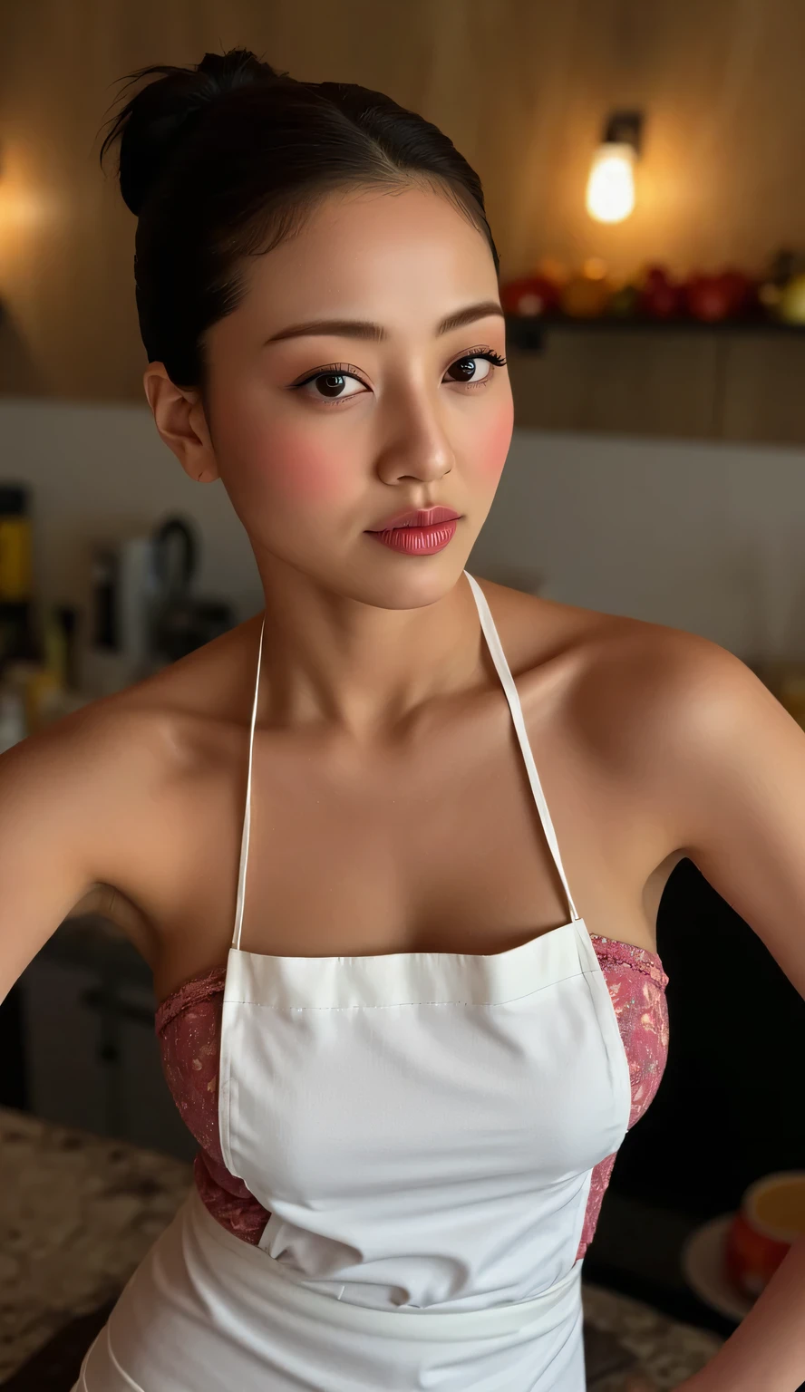 a woman of high stature, cooking , facing the camera, using a sexy apron of white color without clothes, Hair tied