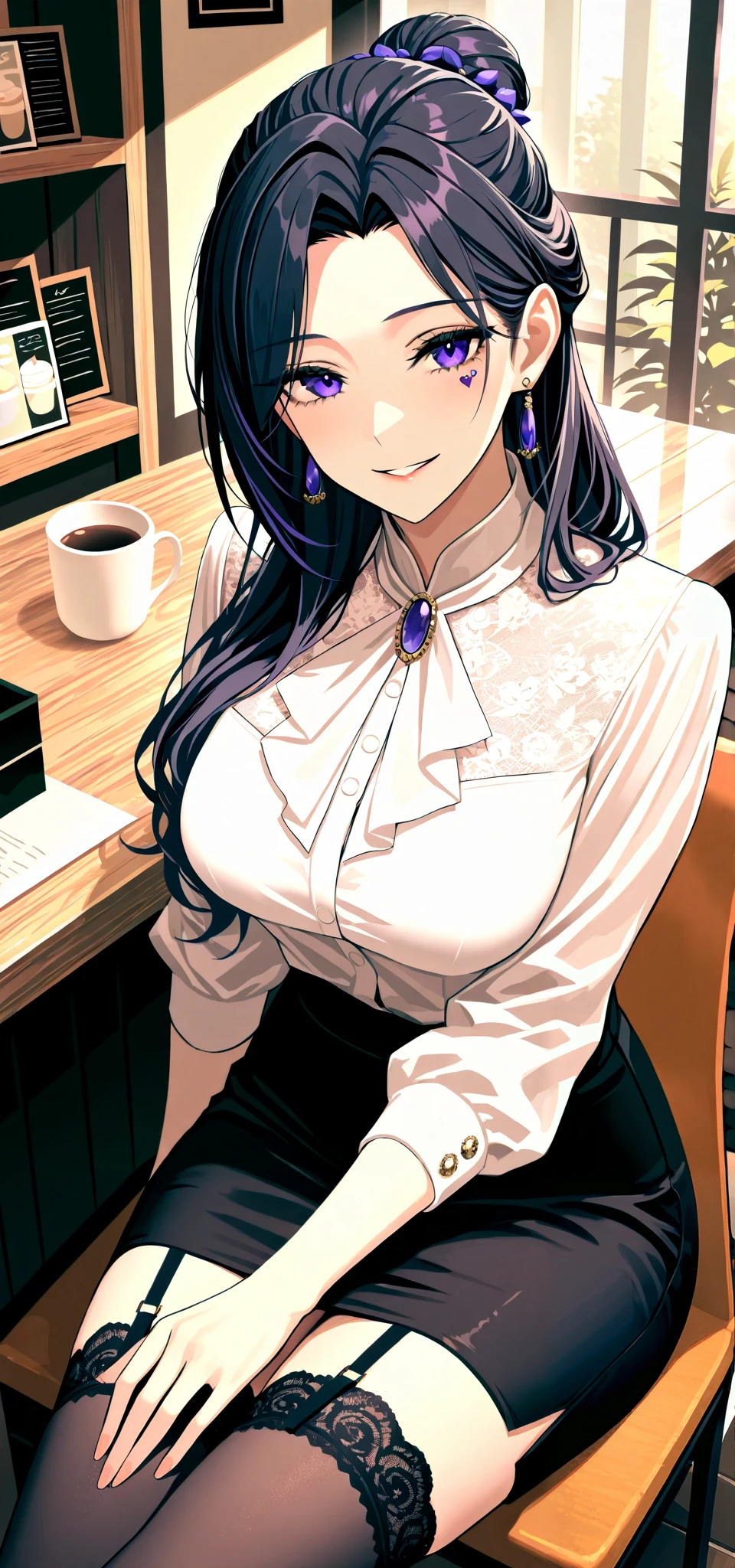 1girl, mature teacher, elegant lady, black beauty mark under left eye, beautiful, solo, white plain button blouse, black pencil skirt, stockings, black hair, long hair in a bun, sitting down, curvaceous figure, smiling, serene, calm, purple iris, highly detailed eyes, expressive eyes, natural eye shape, iris with visible details, looking at viewer, busty, fair white skin, café, coffee shop, sunlight, highres, absurdres, masterpiece, best quality, amazing quality