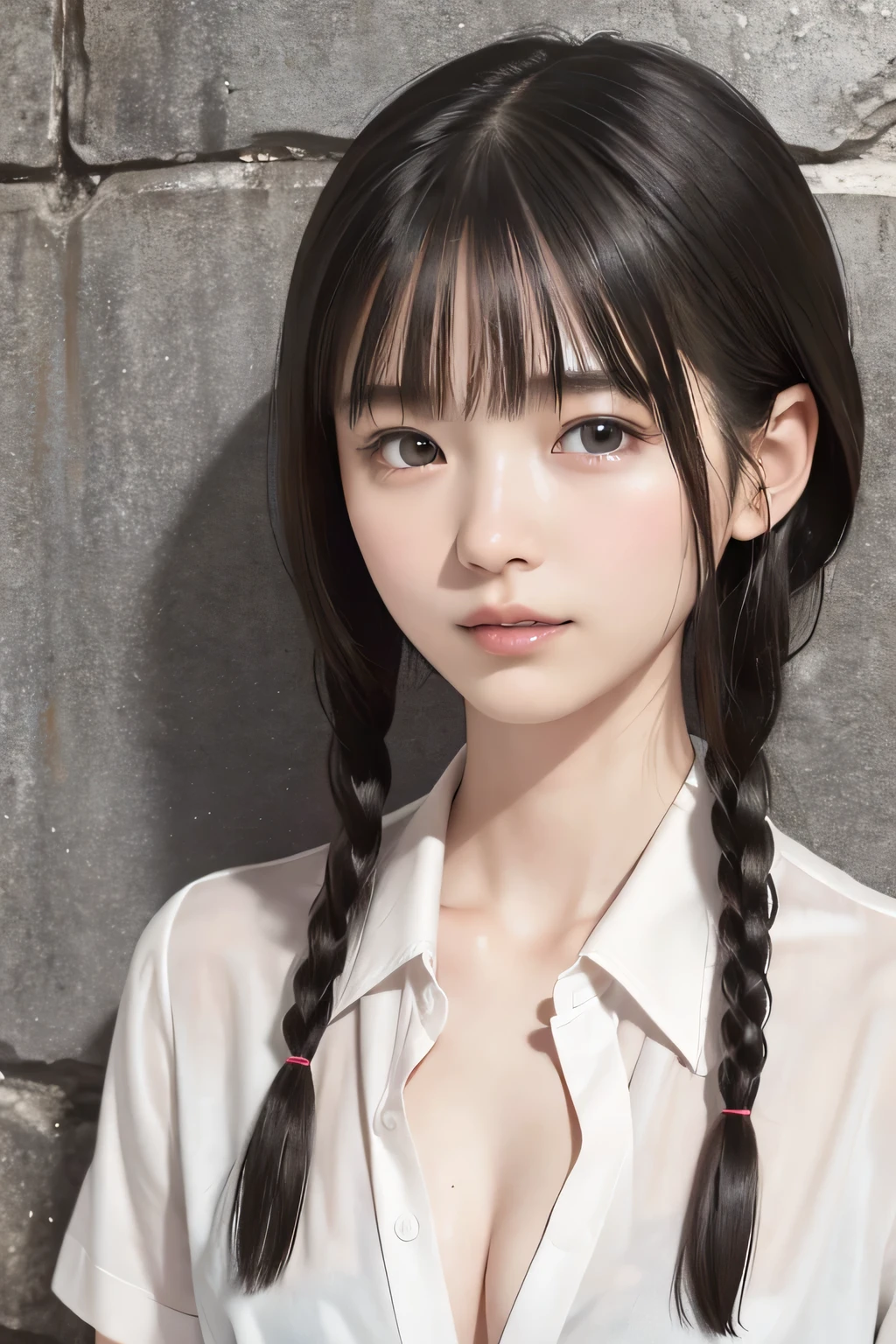 (8k, RAW photo, photorealistic:1.25), (lip gloss, eyelashes, Shiny surface, Glossy Skin, best quality, ultra highres, allows depth of field), (cleavage, naked shirt, nude, white short sleeve shirt, Unbuttoned shirt:1.5), (wet hair, short two braids hair:1.5), (Color Difference, caustics, blow lighting, Natural Shading, kpop idol), crying, tears, tearing, sadness, dark dungeon