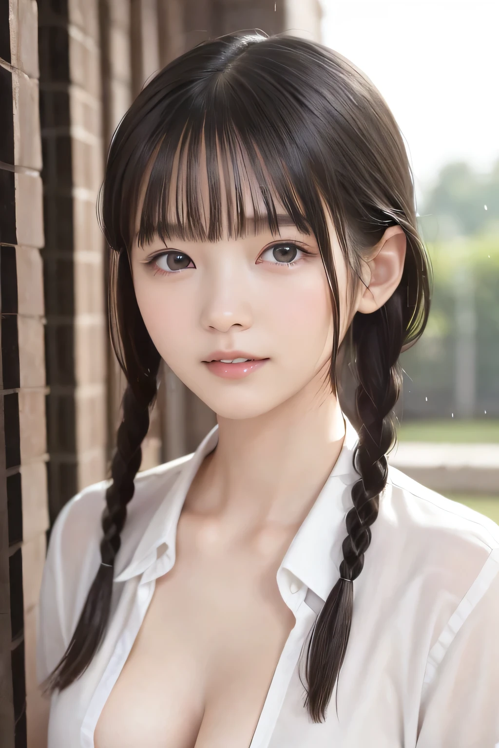 (8k, RAW photo, photorealistic:1.25), (lip gloss, eyelashes, Shiny surface, Glossy Skin, best quality, ultra highres, allows depth of field), (cleavage, naked shirt, nude, white short sleeve shirt, Unbuttoned shirt:1.5), (wet hair, short two braids hair:1.5), (Color Difference, caustics, blow lighting, Natural Shading, kpop idol), crying, tears, tearing, sadness, dark dungeon