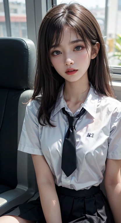 (masutepiece, Best Quality:1.2), 8K, 18year old, 85 mm, Official art, Raw photo, absurderes, White dress shirts, Pretty Face, close up, Upper body, violaceaess, gardeniass, Beautiful Girl, School uniform, (Pleated skirt with tartan check:1.1), Cinch West, thighs thighs thighs thighs, Short sleeve, in car, Sit in the passenger seat, Looking at Viewer, No makeup, (Smile:0.4), Film grain, chromatic abberation, Sharp Focus, face lights, clear lighting, , Detailed face, Bokeh background, (pink tie:1.1)、Medium