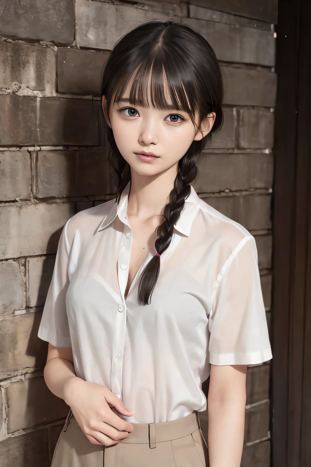 (8k, RAW photo, photorealistic:1.25), (lip gloss, eyelashes, Shiny surface, Glossy Skin, best quality, ultra highres, allows depth of field), (cleavage, naked shirt, nude, white short sleeve shirt, Unbuttoned shirt:1.5), (wet hair, short two braids hair:1.5), (Color Difference, caustics, blow lighting, Natural Shading, kpop idol), crying, tears, tearing, sadness, dark dungeon