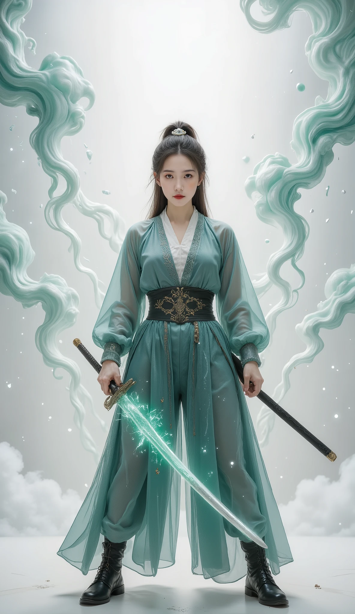 Female swordsman Jade Fractal photography,Atomic Correct,Raw, Lenses, (Clear focus:1.5), (Reality:1.4), Dusk lighting, Volumetric Lighting, Ultra-high resolution, 16K,Dramatic Lighting, White background:1.5),Glowing sword,(fighting stance),Hold the sword hilt tightly in your hand,1 sword,Solitary,(Zentangle,Mandala,Tangles,Entanglement:0.7) , Depth of Field, Dreamy atmosphere, The most beautiful form of chaos, grace, Brutalist design dark theme, Flower of Death, Flowers of ecstasy,glowing line,Glow Example,Tracking example,flash, Backlight,translucent,Light Particles,exit,xianxia
