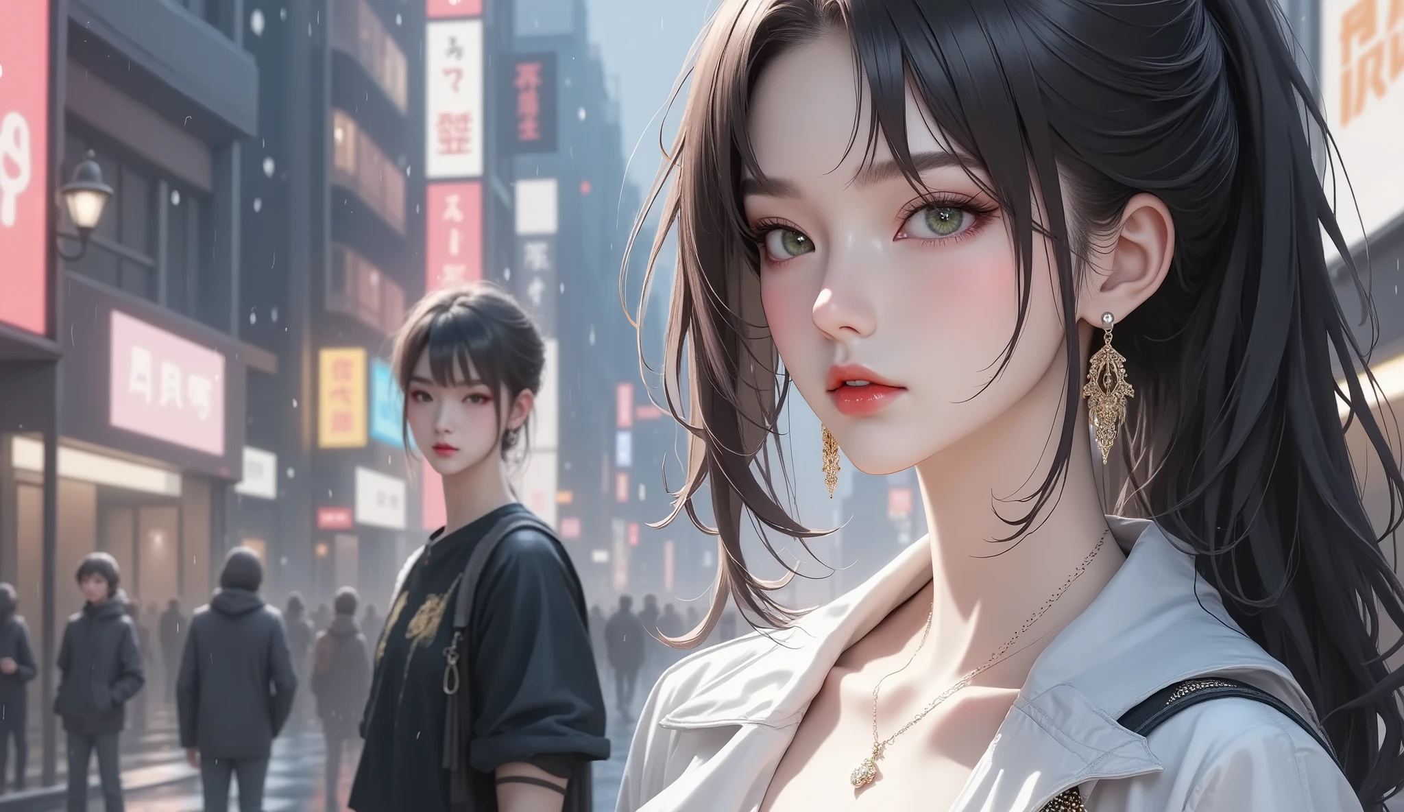 woman, very tall, with thick thighs, wide hips, long legs, street wear, high heel, and a slender waist. Dark green eyes, long flowing black hair In a high ponytail. Alluring, looking directly at the camera. Giant ultrafast dichroism and birefringence with an active nonlocal metasurface. Anime style, extreme detail, extreme photorealism, realistic lighting, shadows, and textures. nothing in hand. rain. 8K resolution with ray tracing. Night raining background. Hyper-professional quality, extreme detail, perfect continuity, anatomically correct, flawless anatomy. Inspired by Baiōken Eishun and rayonism. Official art, character full size.