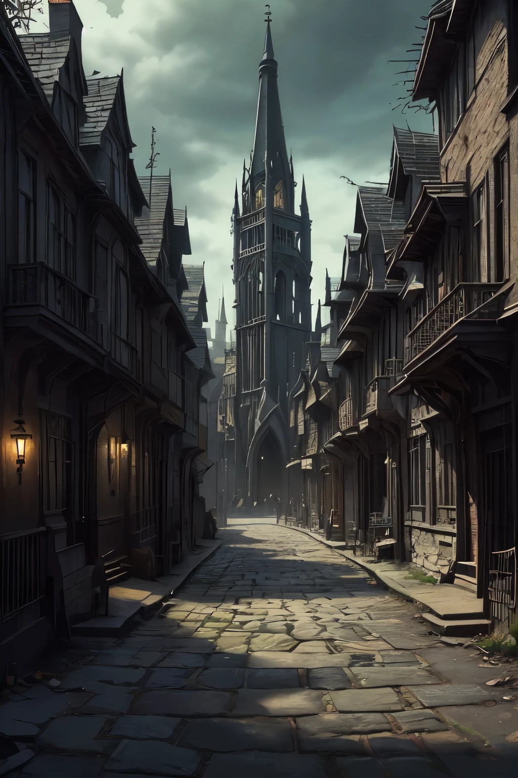 ((best quality)), ((masterpiece)), extremely detailed, delicate texture, aesthetic gothic collection, general term for (gothic architecture, art, fashion, literature, thought, style, and culture), gothichorrorai, (sinister), (dark), (gloomy), ((Victorian era)), ((gothic architecture)), ((street level)), ((pedestrian perspective)), ((a street level view)) of ((a very narrow and crowded alleyway)), ((a dense slum like residential area of a gothic city)), ((the dark underbelly of the city)), ((the city proper rises and looms over like a canopy)), ((a mixture of rickety wood building structures and an older more permanent stone city foundation)), ((wooden walkways criss-cross above)), (the buildings rise up out of view), (the street before us is extemely narrow), ((very dark)), ((lit by candle lamps))
