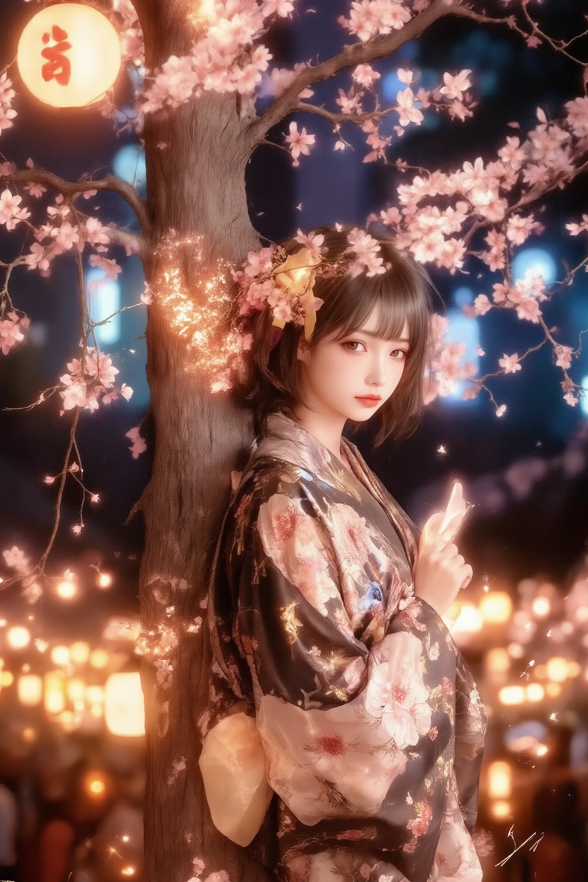 masterpiece, best quality, ultra-detailed, photorealistic depiction, intimate and cinematic composition, a blushing girl in a floral-patterned yukata with intricate embroidery, her shy expression captured with lifelike precision, soft, short dark brown hair styled elegantly with delicate cherry blossom hairpins, leaning gracefully against a cherry blossom tree, her pose tender and reserved, glowing under the warm, golden light of traditional festival lanterns.
The summer festival setting is alive with vibrant energy, featuring bokeh effects of blurred lanterns and glowing crowds in the background, illuminated by a rich blend of warm night lights and cool moonlight filtering through the branches. Her yellow obi sash catches subtle highlights, the fabric shimmering with soft reflections, while the surrounding cherry blossoms appear to glow faintly with ethereal light, as petals gently fall through the air.
Dramatic lighting enhances the contrast between the warm tones of the lanterns and the cool, serene ambiance of the moonlight, creating a harmonious balance. The shadows are soft and dynamic, accentuating the girl's delicate features and the tree's intricate texture. The air is filled with a romantic and nostalgic vibe, emphasized by swirling particle effects of fireflies and faint glowing sparkles, adding a touch of magic to the scene.
The composition exudes elegance and emotion, blending traditional Japanese aesthetics with surreal, dreamlike qualities. The use of glazing and airbrushing techniques enhances the depth and softness of textures, while dynamic lighting and vibrant color grading heighten the dramatic and cinematic atmosphere. The overall ambiance is a perfect harmony of serene beauty and vibrant energy, capturing the essence of a fleeting yet unforgettable summer night.