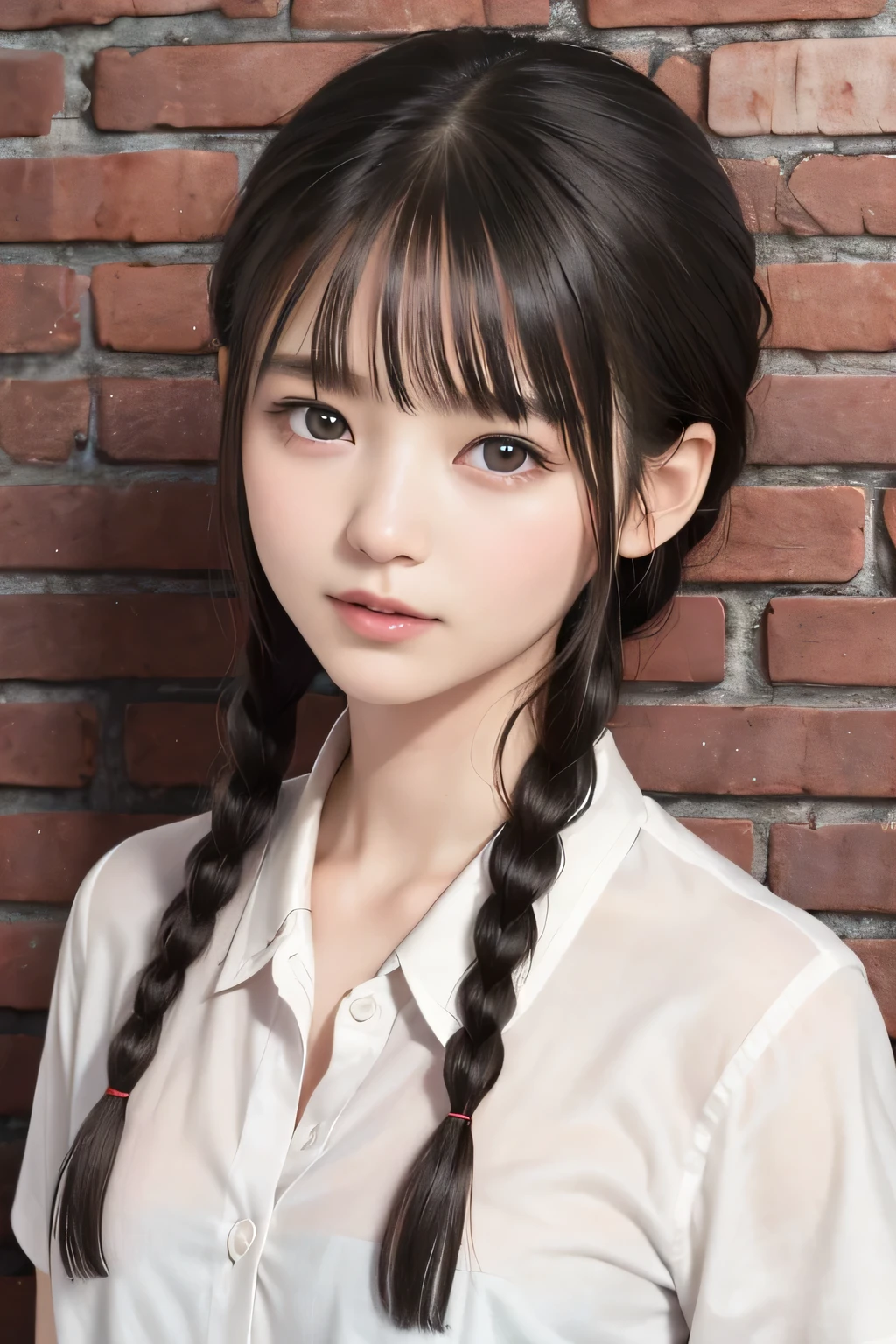 (8k, RAW photo, photorealistic:1.25), (lip gloss, eyelashes, Shiny surface, Glossy Skin, best quality, ultra highres, allows depth of field), (cleavage, naked shirt, nude, white short sleeve shirt, Unbuttoned shirt:1.5), (wet hair, short two braids hair:1.5), (Color Difference, caustics, blow lighting, Natural Shading, kpop idol), crying, tears, tearing, sadness, dark dungeon