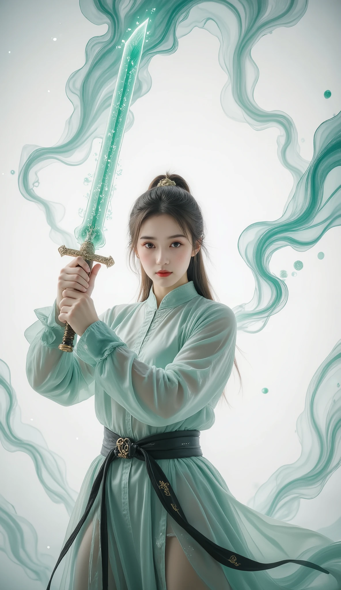 Female swordsman Jade Fractal photography,Atomic Correct,Raw, Lenses, (Clear focus:1.5), (Reality:1.4), Dusk lighting, Volumetric Lighting, Ultra-high resolution, 16K,Dramatic Lighting, White background:1.5),Glowing sword,(fighting stance),Hold the sword hilt tightly in your hand,1 sword,Solitary,(Zentangle,Mandala,Tangles,Entanglement:0.7) , Depth of Field, Dreamy atmosphere, The most beautiful form of chaos, grace, Brutalist design dark theme, Flower of Death, Flowers of ecstasy,glowing line,Glow Example,Tracking example,flash, Backlight,translucent,Light Particles,exit,xianxia