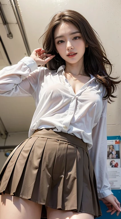 ,(Raw photo:1.2), (Photorealistic:1.4),Beautiful meticulous girl, extremely detailed eye and face, Beautiful detailed eyes, ultra - detailed, hight resolution, Very detailed，best qualtiy，1个Giant Breast Girl，tmasterpiece，beautiful outfit，skirt by the，illustratio，Very detailed，unified，8k wallpaper，Up to detail，tmasterpiece，best qualtiy，Unity8k wallpapers，1个Giant Breast Girl，sixteen years old，(Camel toes)，(full body Esbian)，is standing，The shirt，鎖骨，Stylish clothes，falda corta，blacksilk，Long legs，high-heels，the street，城市