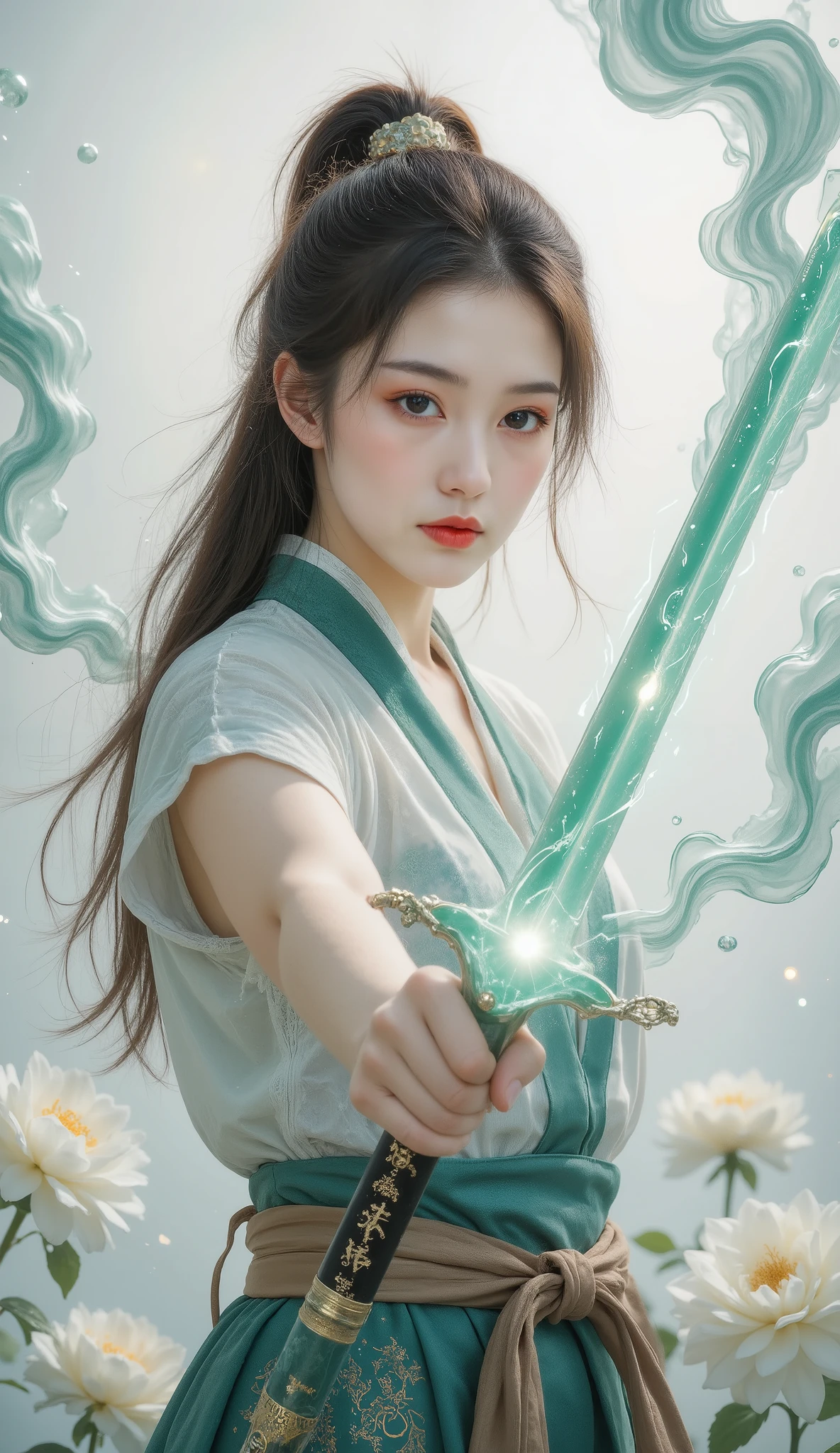 Female swordsman Jade Fractal photography,Atomic Correct,Raw, Lenses, (Clear focus:1.5), (Reality:1.4), Dusk lighting, Volumetric Lighting, Ultra-high resolution, 16K,Dramatic Lighting, White background:1.5),Glowing sword,(fighting stance),Hold the sword hilt tightly in your hand,1 sword,Solitary,(Zentangle,Mandala,Tangles,Entanglement:0.7) , Depth of Field, Dreamy atmosphere, The most beautiful form of chaos, grace, Brutalist design dark theme, Flower of Death, Flowers of ecstasy,glowing line,Glow Example,Tracking example,flash, Backlight,translucent,Light Particles,exit,xianxia